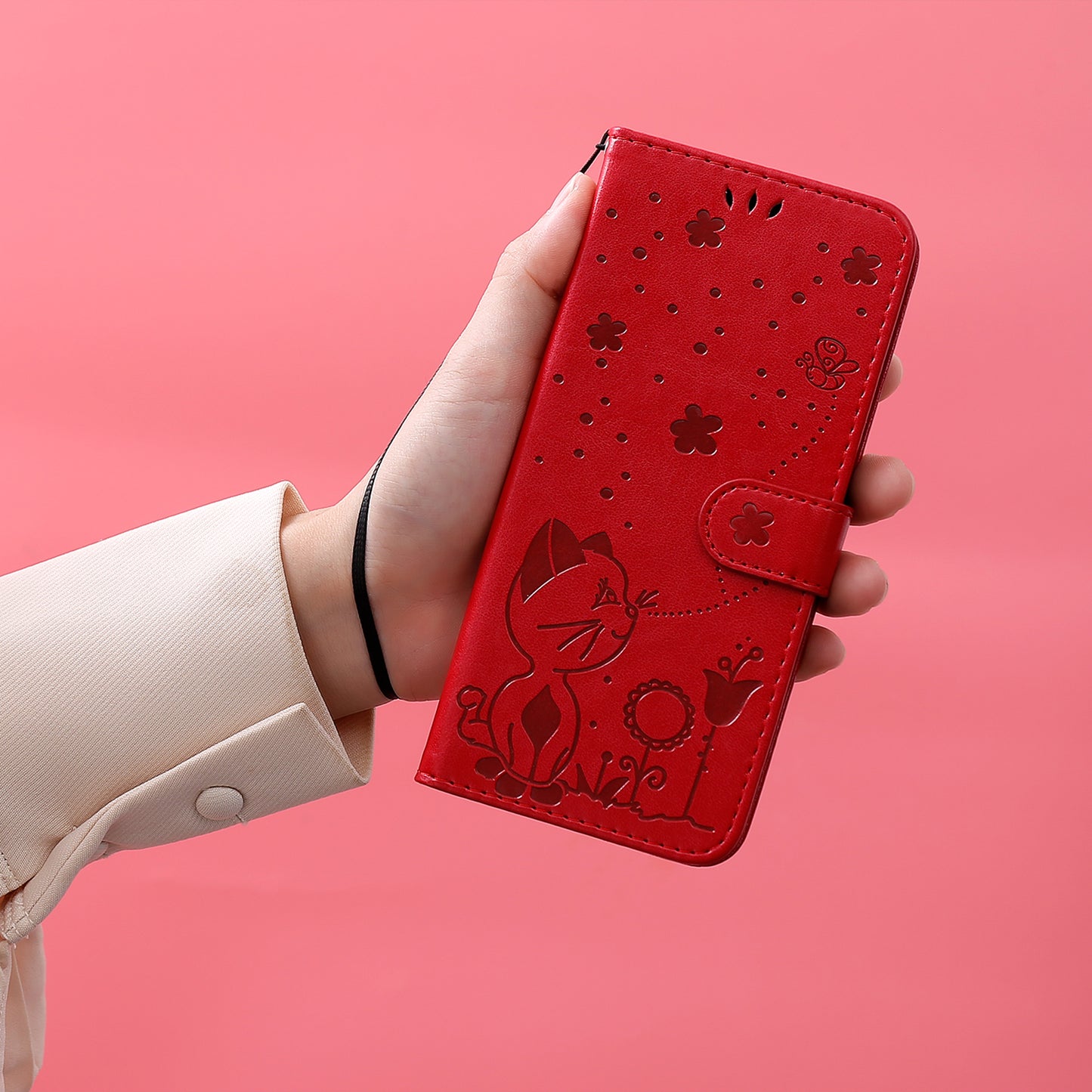 KT Imprinting Flower Series-4 For Xiaomi Redmi Note 13 4G Leather Phone Case Cat Bee Pattern - Red