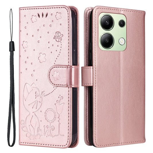 KT Imprinting Flower Series-4 For Xiaomi Redmi Note 13 4G Leather Phone Case Cat Bee Pattern - Rose Gold