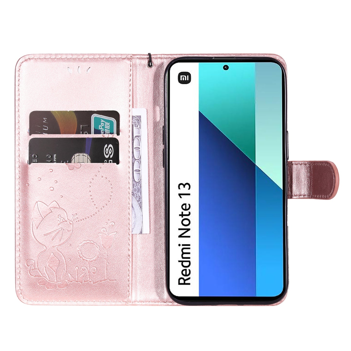 KT Imprinting Flower Series-4 For Xiaomi Redmi Note 13 4G Leather Phone Case Cat Bee Pattern - Rose Gold