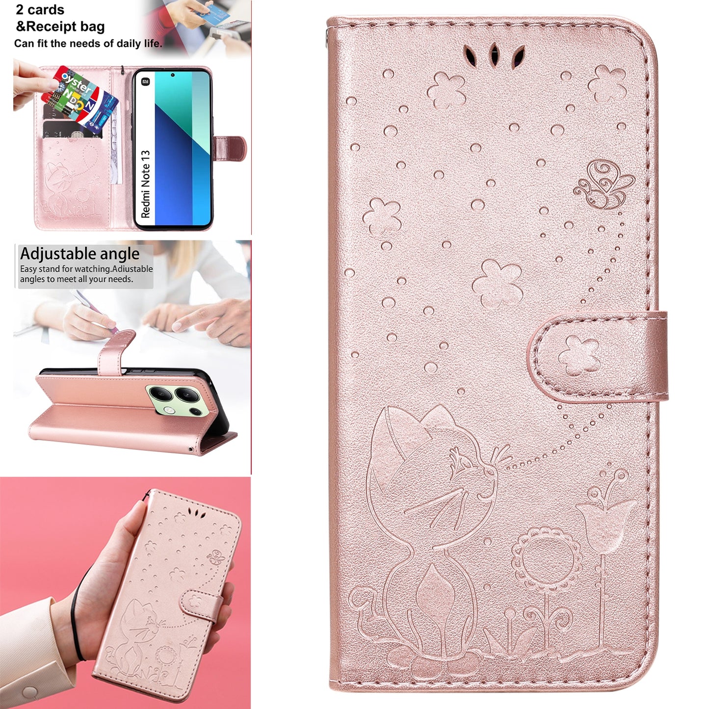 KT Imprinting Flower Series-4 For Xiaomi Redmi Note 13 4G Leather Phone Case Cat Bee Pattern - Rose Gold