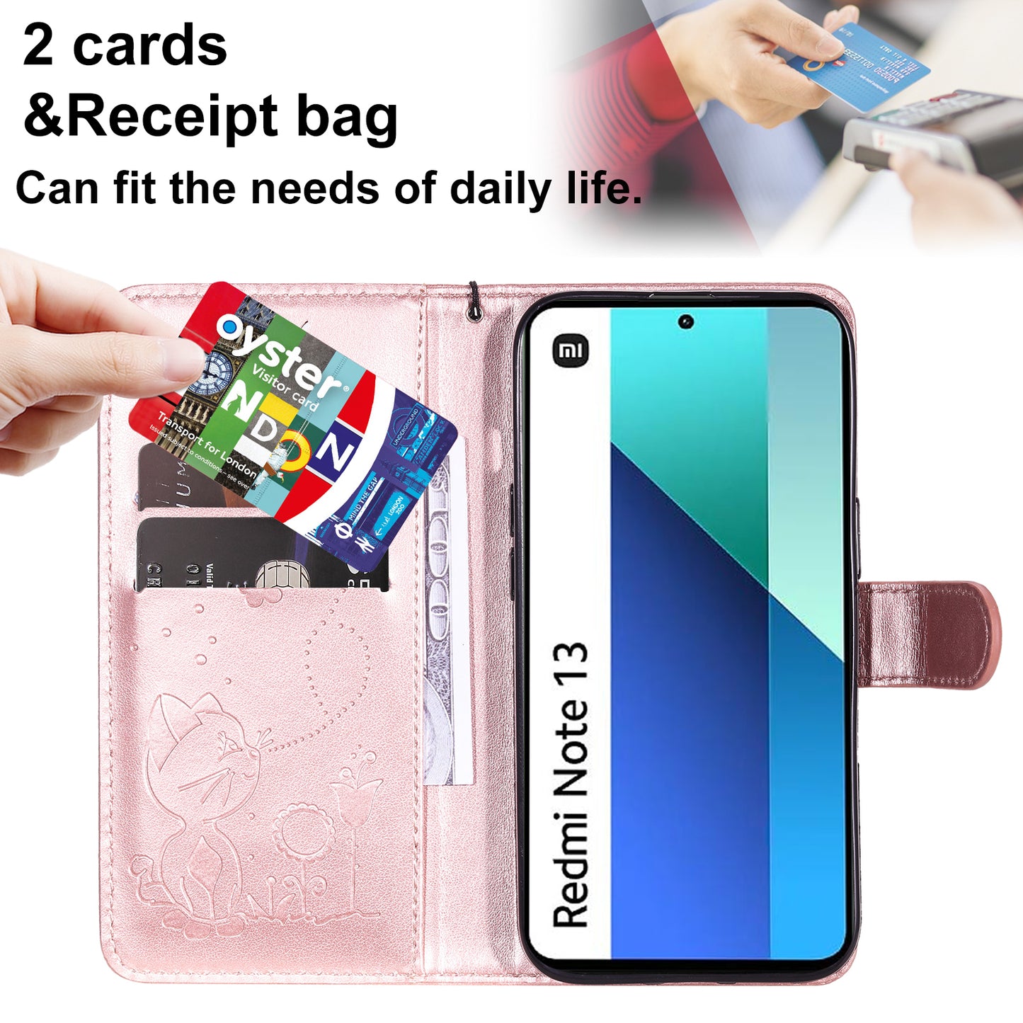KT Imprinting Flower Series-4 For Xiaomi Redmi Note 13 4G Leather Phone Case Cat Bee Pattern - Rose Gold