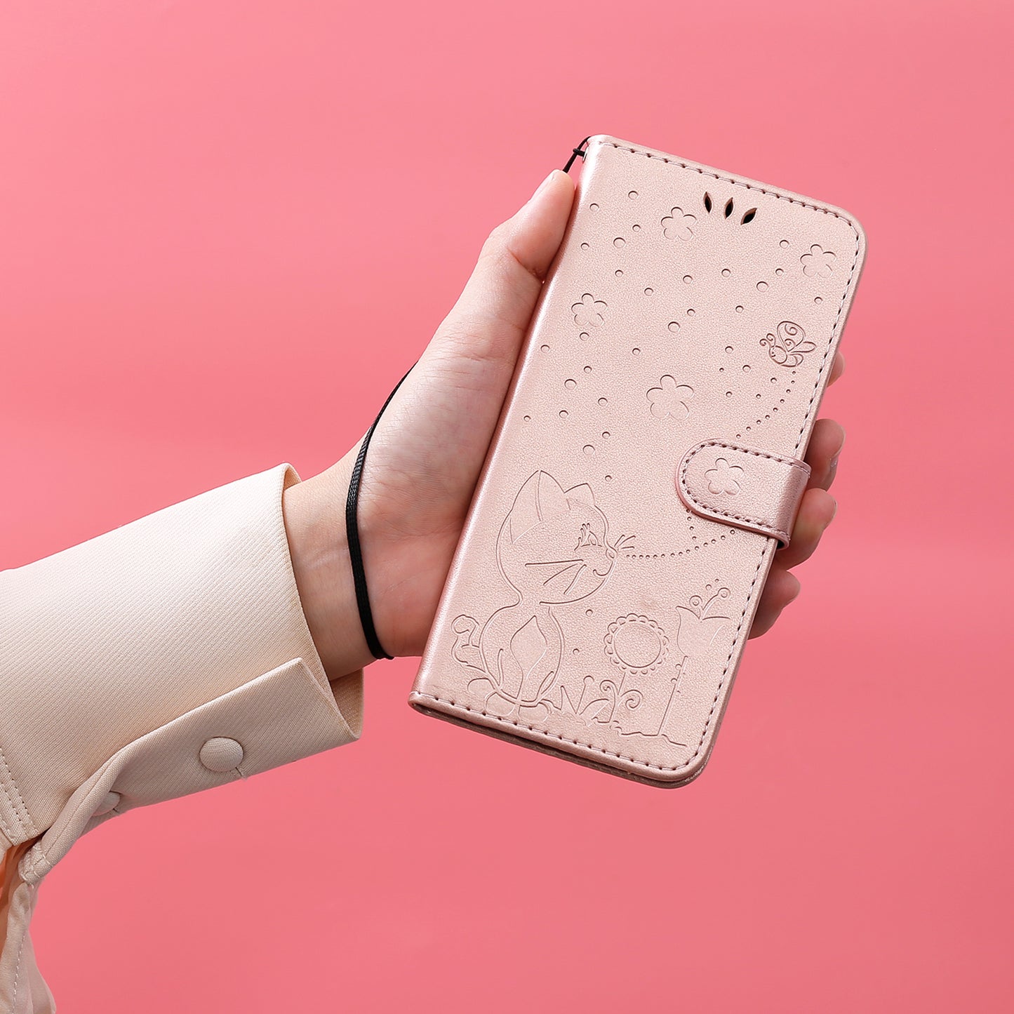 KT Imprinting Flower Series-4 For Xiaomi Redmi Note 13 4G Leather Phone Case Cat Bee Pattern - Rose Gold