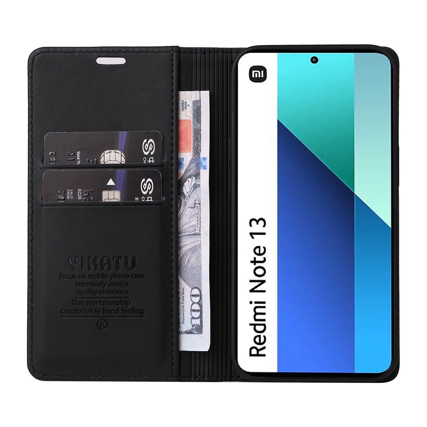 YIKATU YK-001 For Xiaomi Redmi Note 13 4G Case Wallet Phone Cover Magnetic Closing - Black