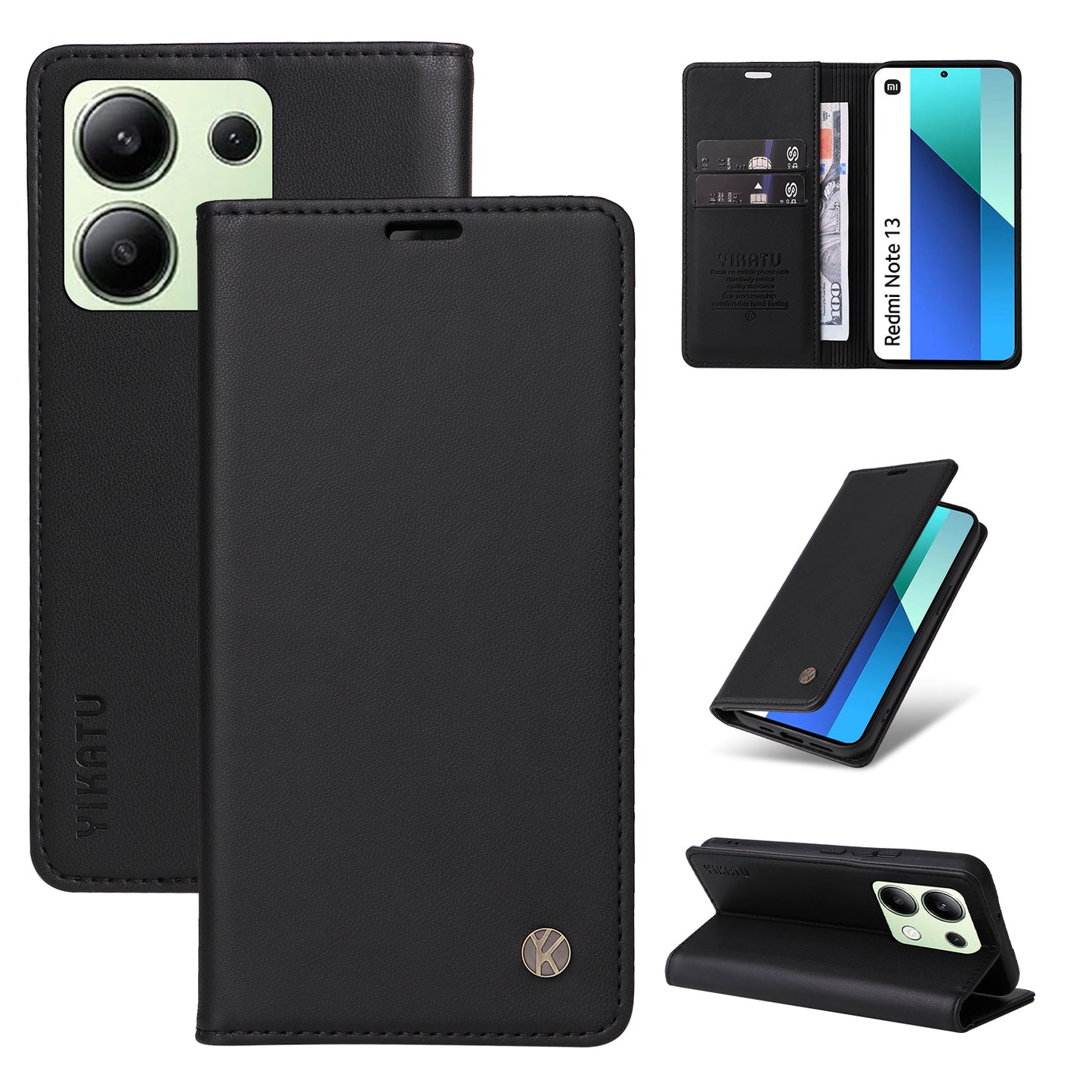 YIKATU YK-001 For Xiaomi Redmi Note 13 4G Case Wallet Phone Cover Magnetic Closing - Black