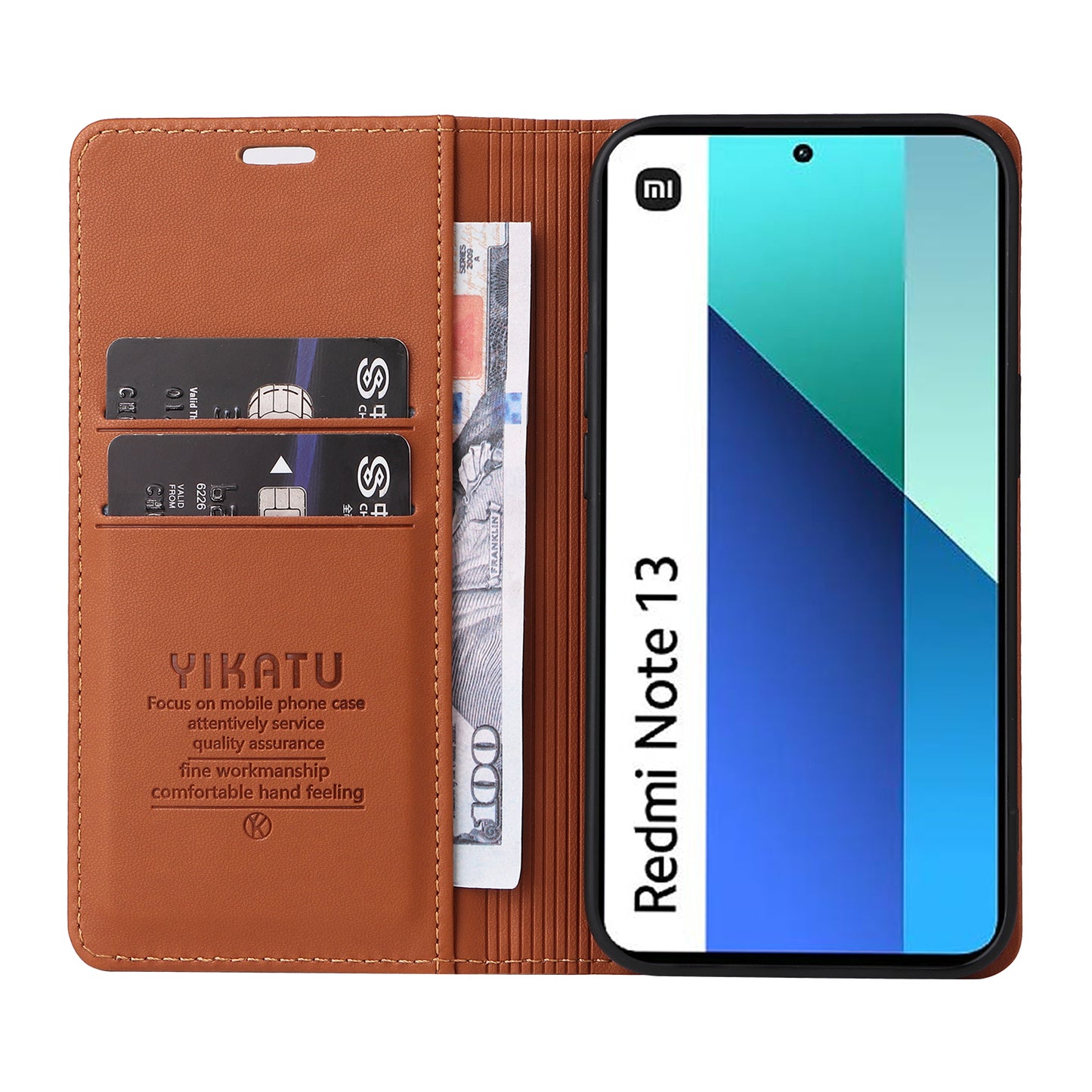 YIKATU YK-001 For Xiaomi Redmi Note 13 4G Case Wallet Phone Cover Magnetic Closing - Brown