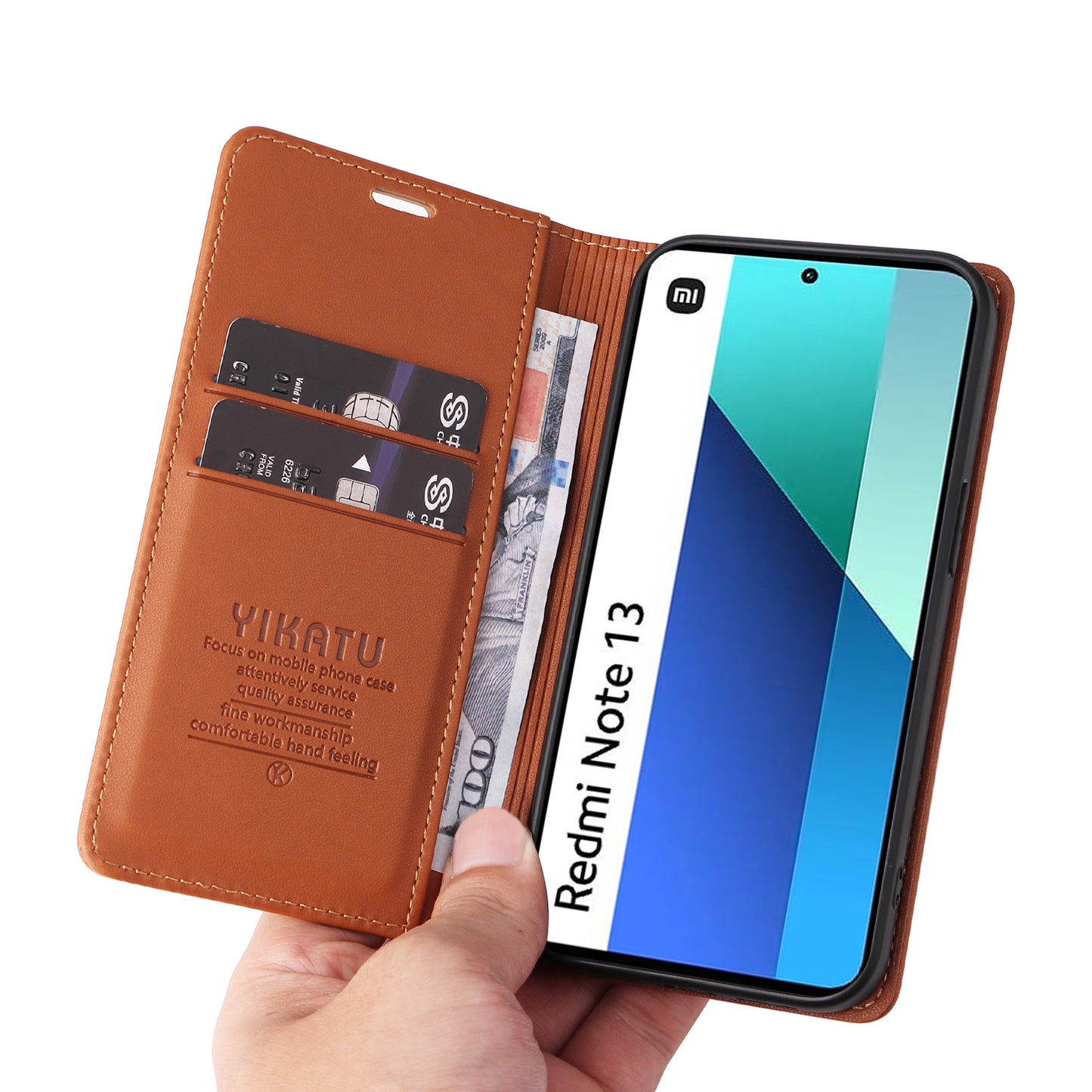 YIKATU YK-001 For Xiaomi Redmi Note 13 4G Case Wallet Phone Cover Magnetic Closing - Brown