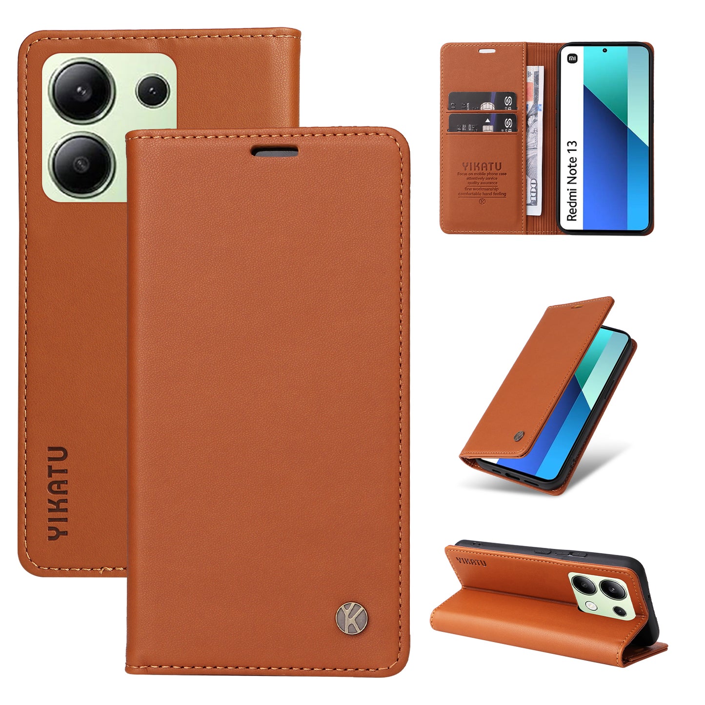 YIKATU YK-001 For Xiaomi Redmi Note 13 4G Case Wallet Phone Cover Magnetic Closing - Brown