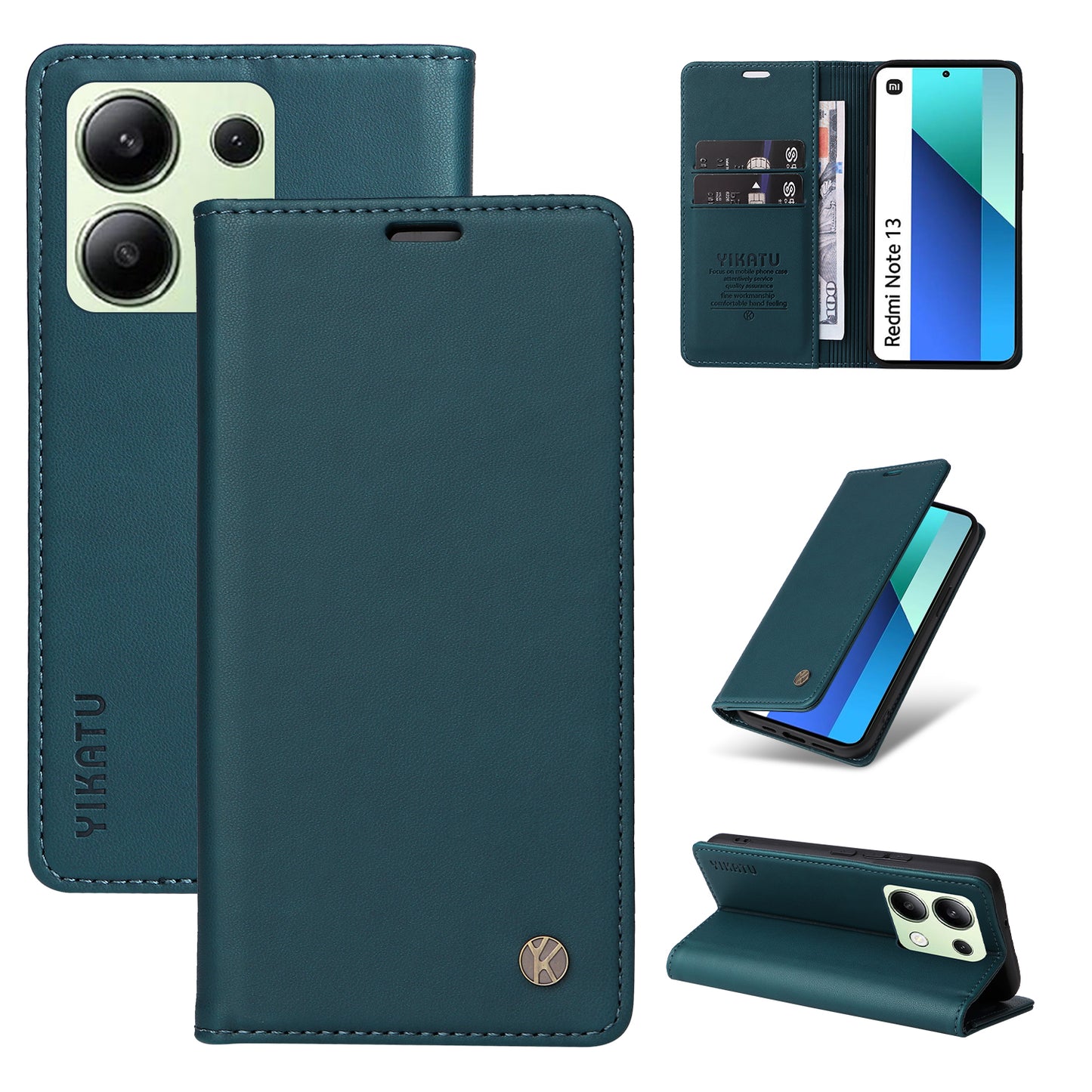 YIKATU YK-001 For Xiaomi Redmi Note 13 4G Case Wallet Phone Cover Magnetic Closing - Green