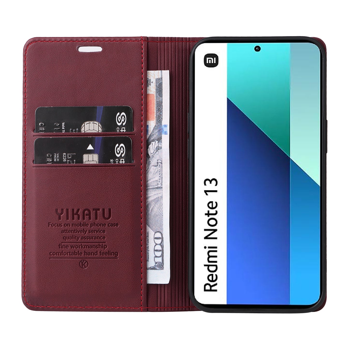 YIKATU YK-001 For Xiaomi Redmi Note 13 4G Case Wallet Phone Cover Magnetic Closing - Wine Red