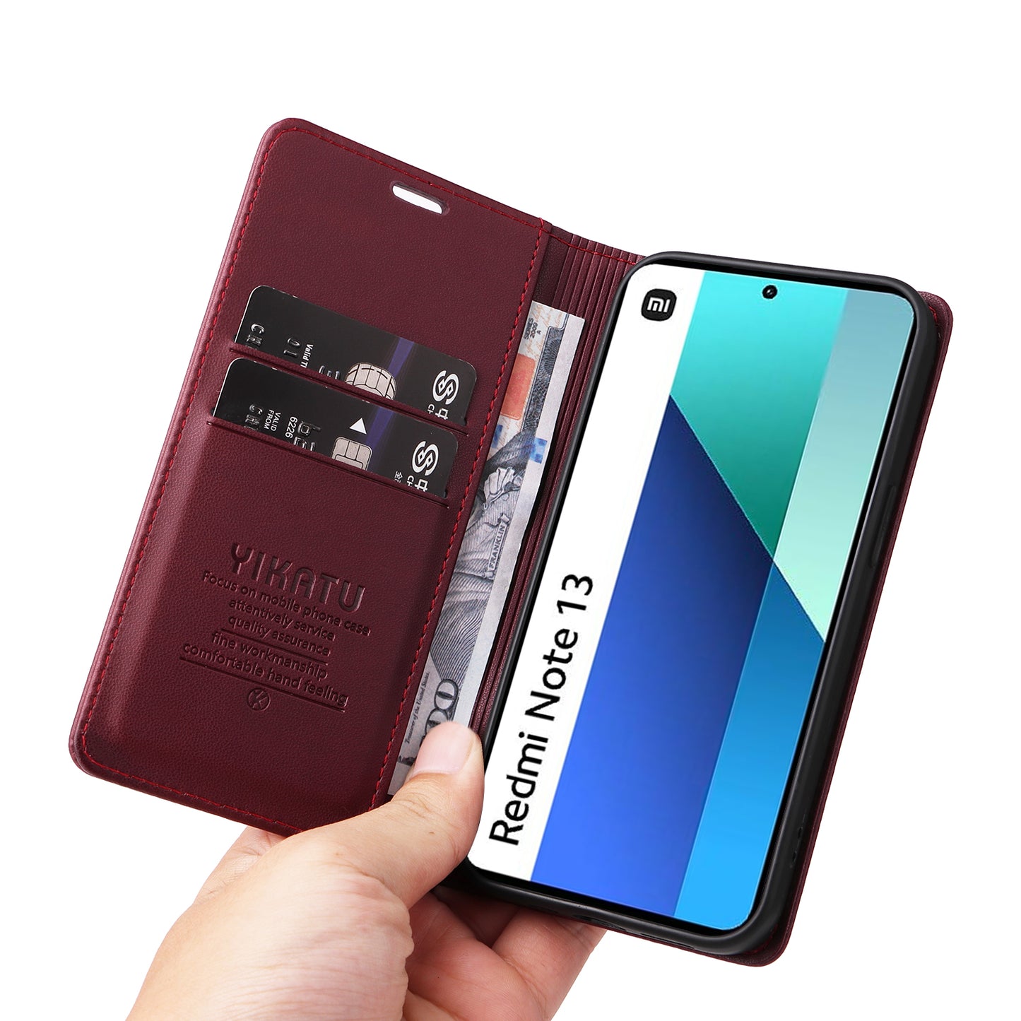YIKATU YK-001 For Xiaomi Redmi Note 13 4G Case Wallet Phone Cover Magnetic Closing - Wine Red