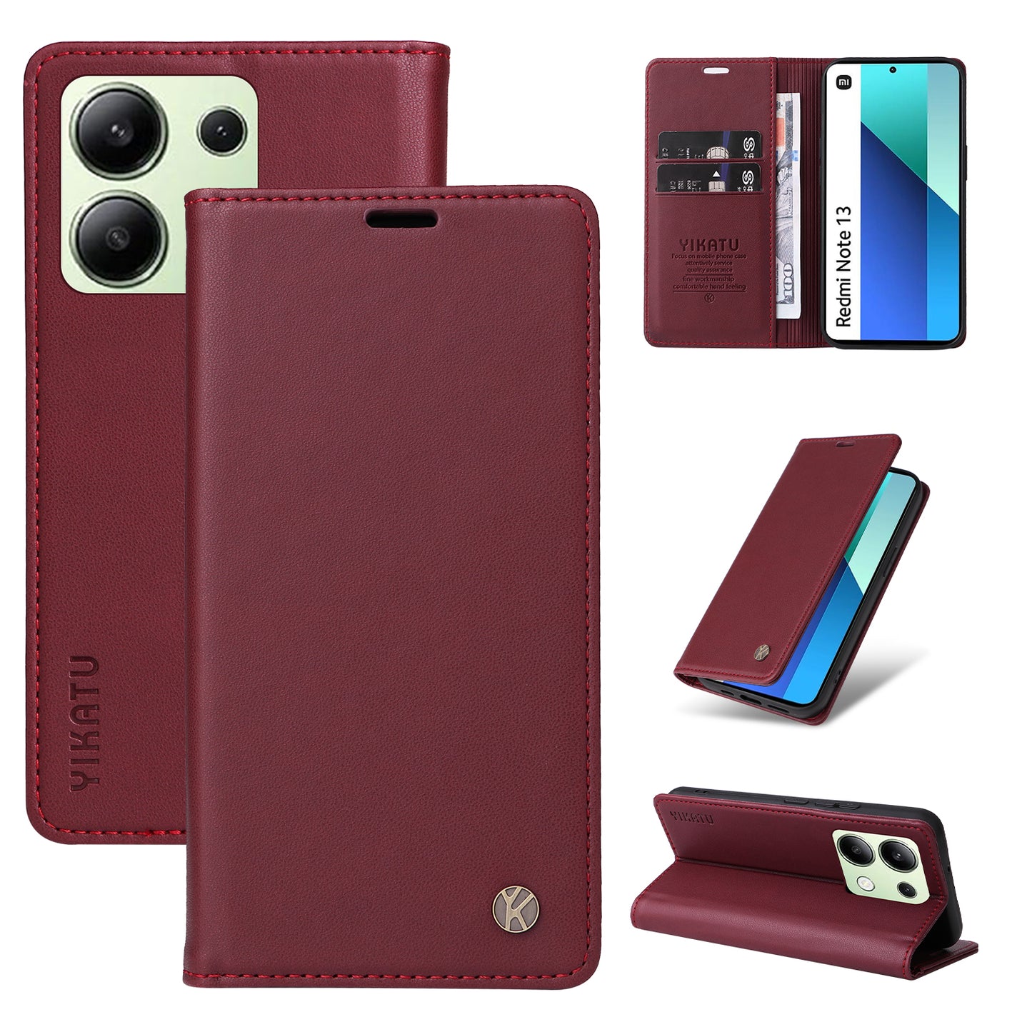 YIKATU YK-001 For Xiaomi Redmi Note 13 4G Case Wallet Phone Cover Magnetic Closing - Wine Red
