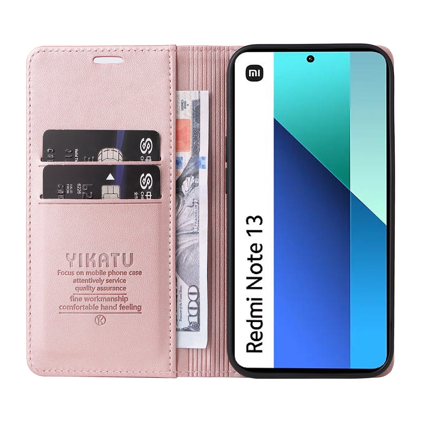 YIKATU YK-001 For Xiaomi Redmi Note 13 4G Case Wallet Phone Cover Magnetic Closing - Rose Gold