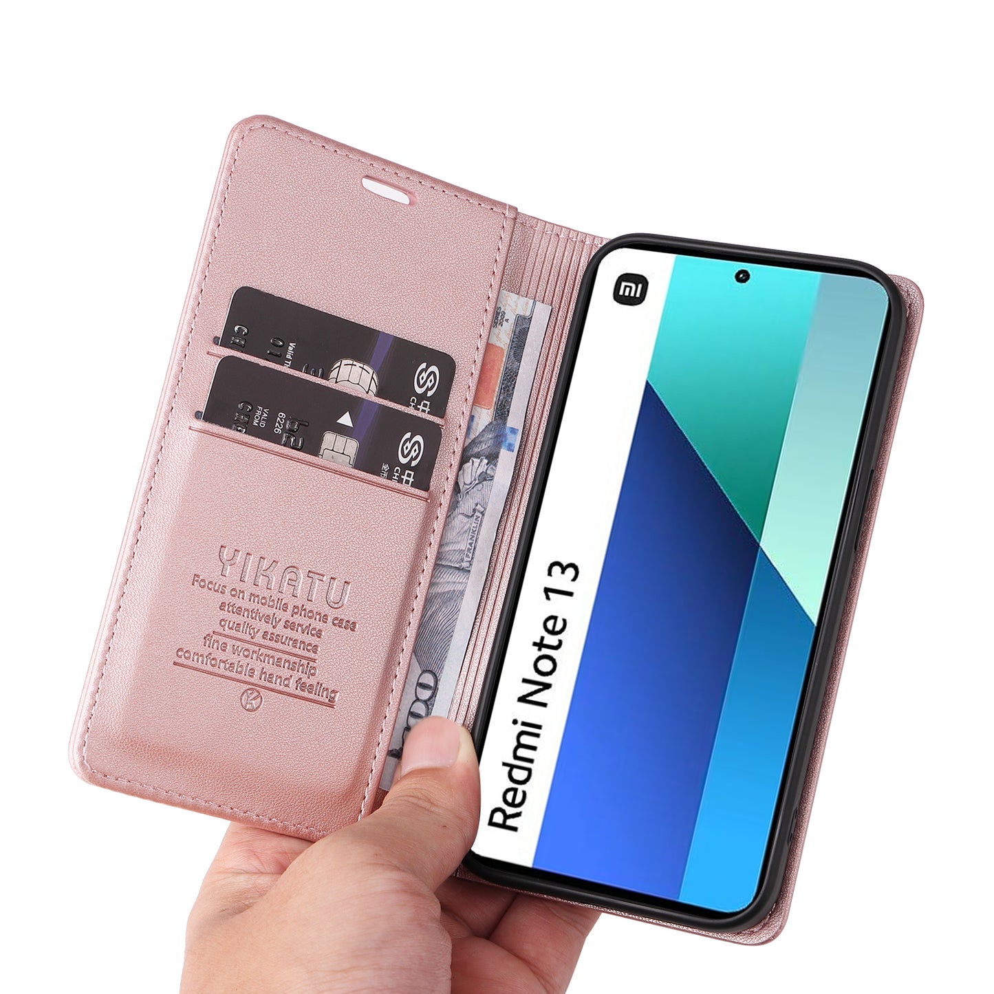 YIKATU YK-001 For Xiaomi Redmi Note 13 4G Case Wallet Phone Cover Magnetic Closing - Rose Gold