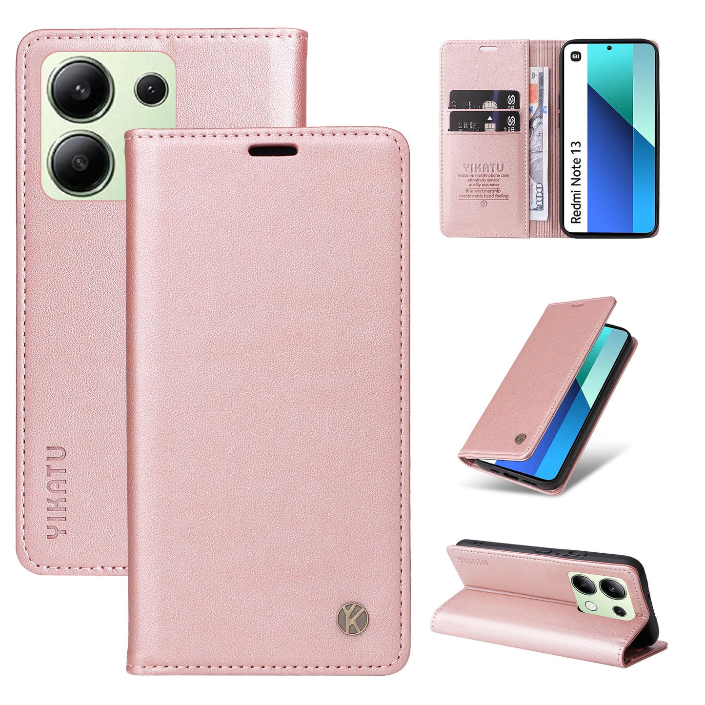 YIKATU YK-001 For Xiaomi Redmi Note 13 4G Case Wallet Phone Cover Magnetic Closing - Rose Gold