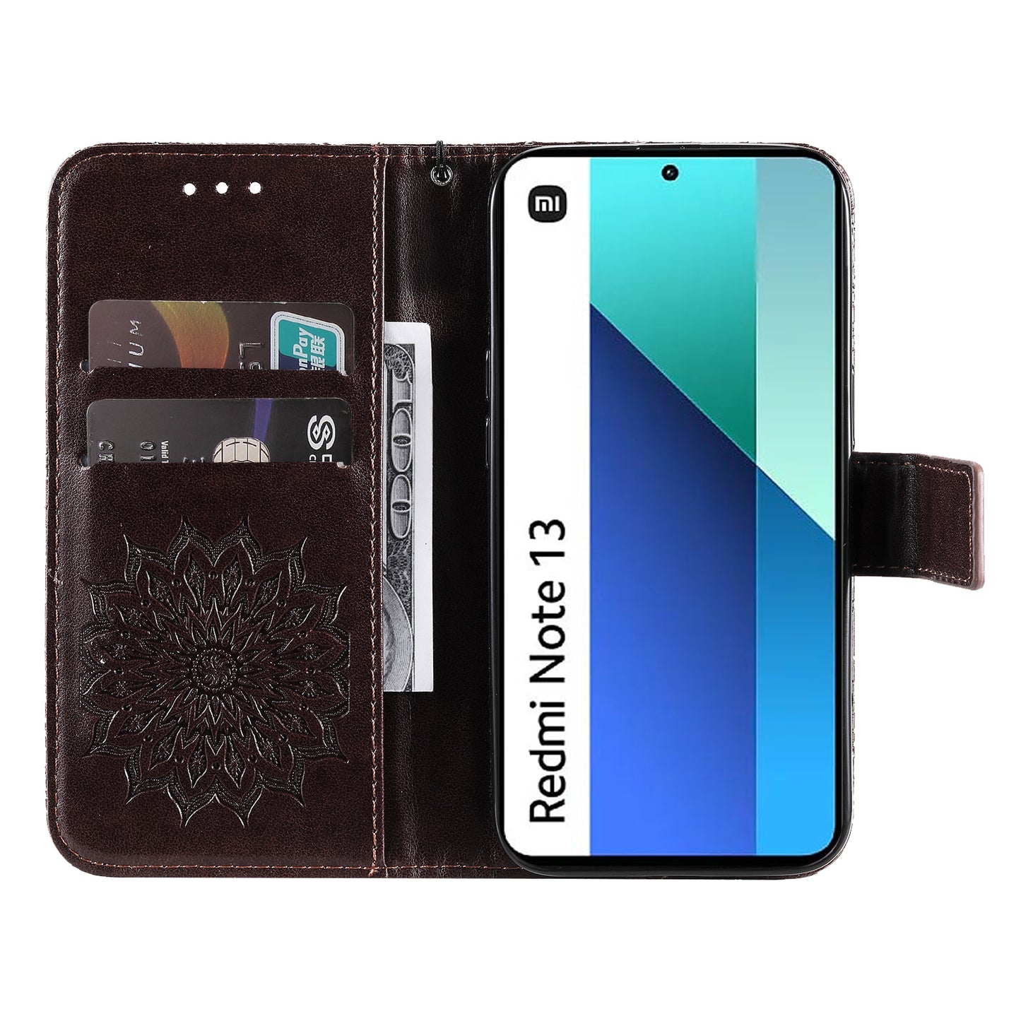 KT Imprinting Flower Series-1 For Xiaomi Redmi Note 13 4G Leather Case Wallet Cover Sunflower - Brown