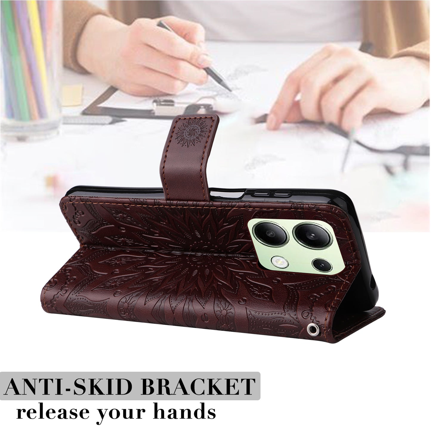KT Imprinting Flower Series-1 For Xiaomi Redmi Note 13 4G Leather Case Wallet Cover Sunflower - Brown