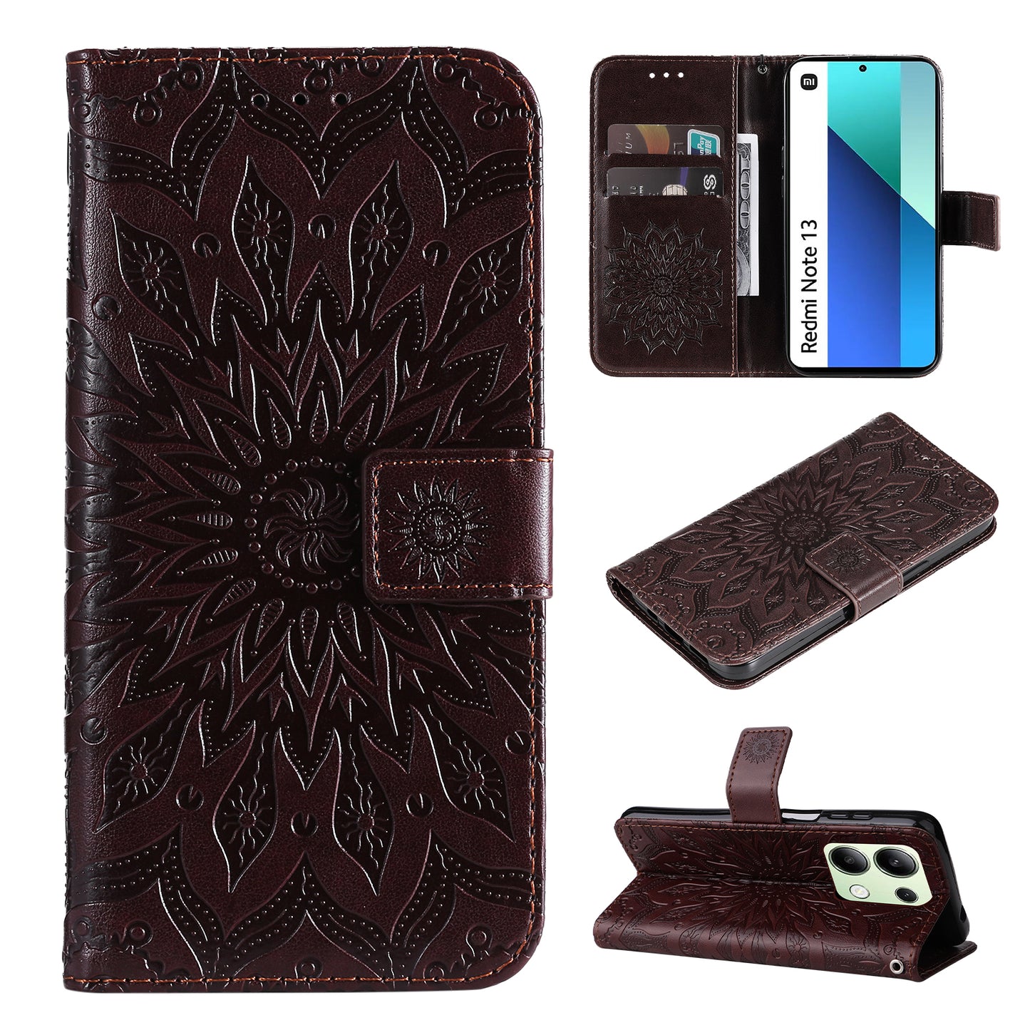 KT Imprinting Flower Series-1 For Xiaomi Redmi Note 13 4G Leather Case Wallet Cover Sunflower - Brown