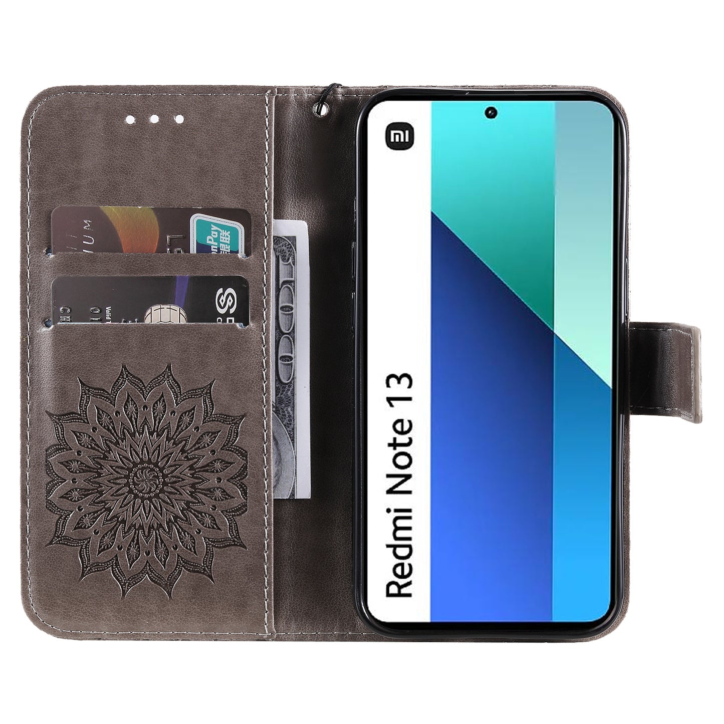 KT Imprinting Flower Series-1 For Xiaomi Redmi Note 13 4G Leather Case Wallet Cover Sunflower - Grey