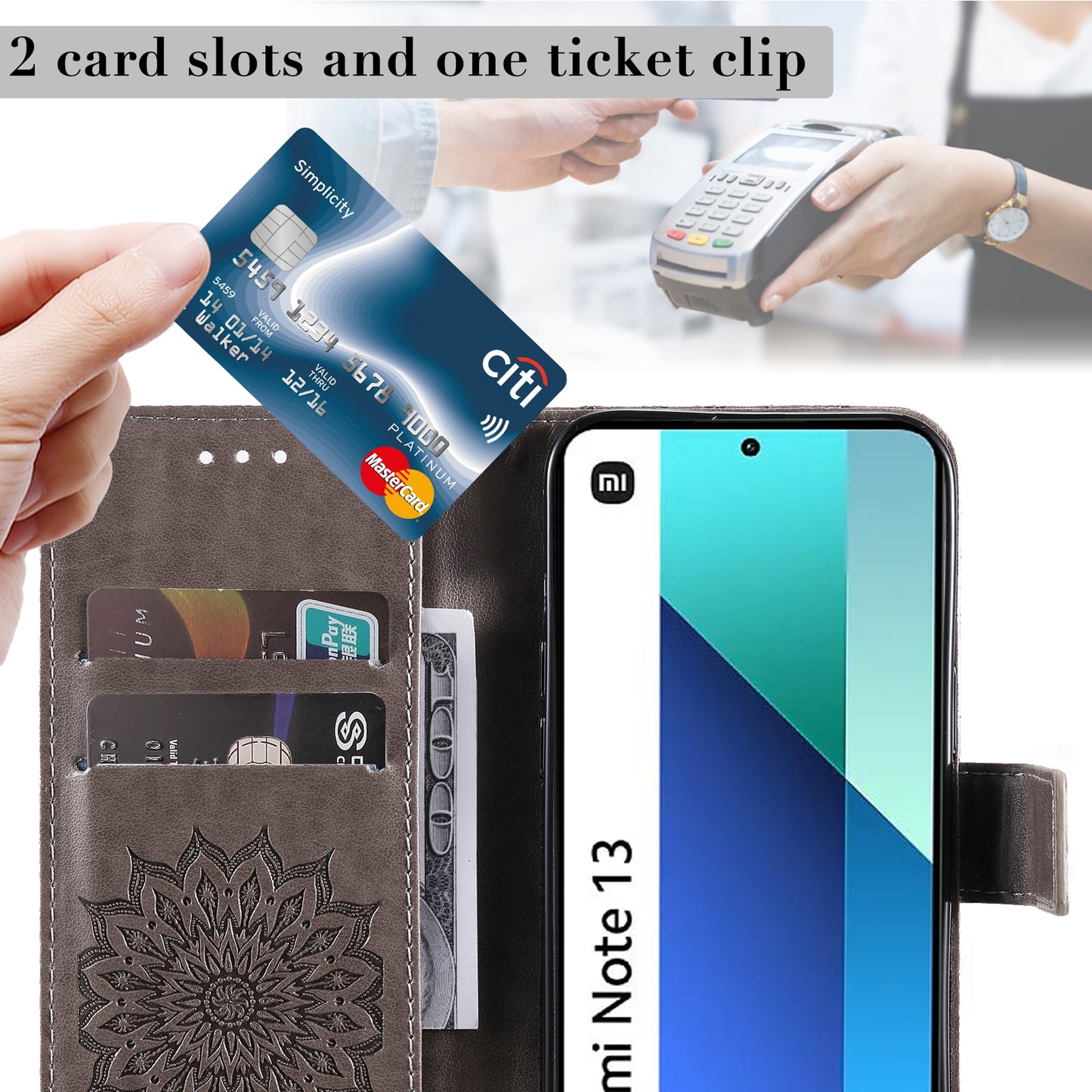 KT Imprinting Flower Series-1 For Xiaomi Redmi Note 13 4G Leather Case Wallet Cover Sunflower - Grey