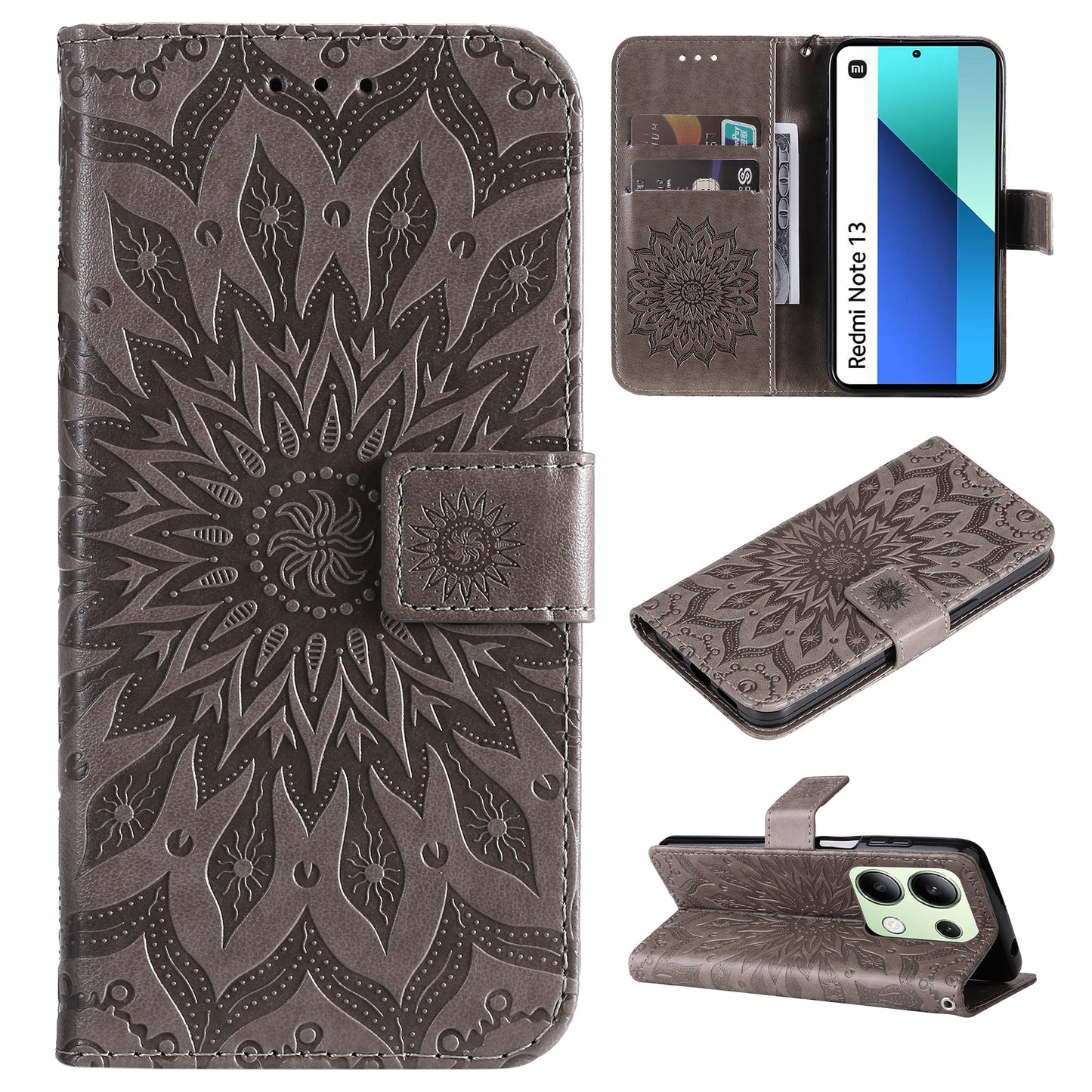 KT Imprinting Flower Series-1 For Xiaomi Redmi Note 13 4G Leather Case Wallet Cover Sunflower - Grey