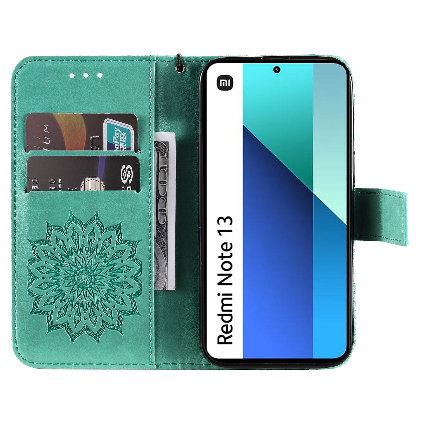 KT Imprinting Flower Series-1 For Xiaomi Redmi Note 13 4G Leather Case Wallet Cover Sunflower - Green