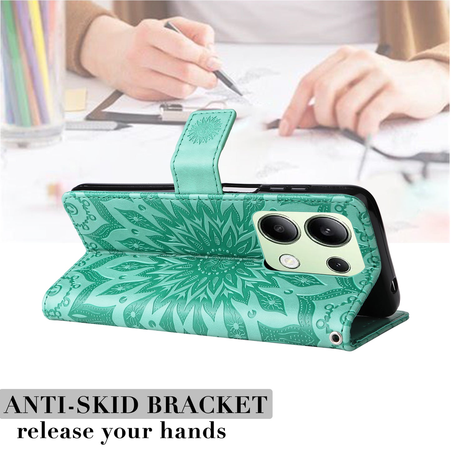 KT Imprinting Flower Series-1 For Xiaomi Redmi Note 13 4G Leather Case Wallet Cover Sunflower - Green