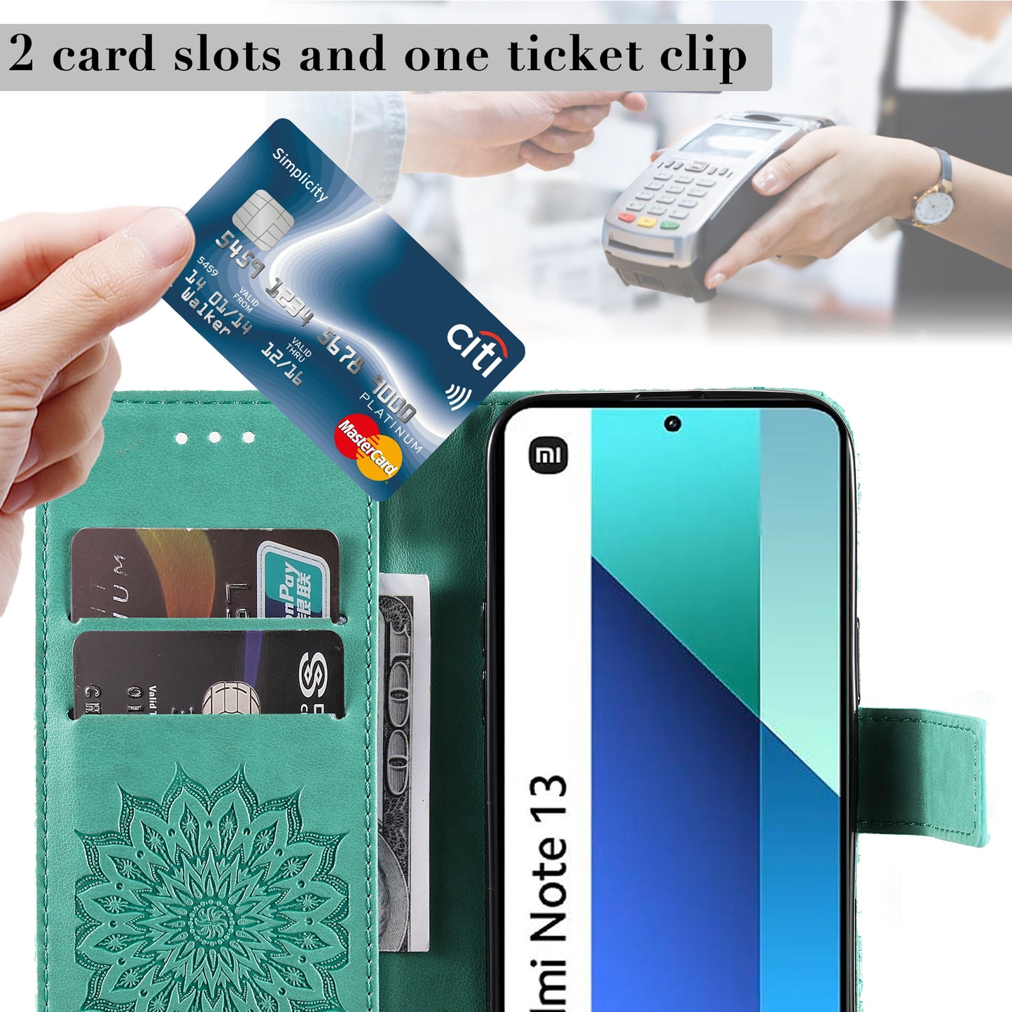 KT Imprinting Flower Series-1 For Xiaomi Redmi Note 13 4G Leather Case Wallet Cover Sunflower - Green