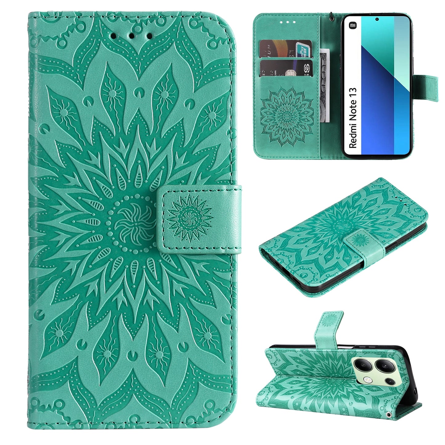 KT Imprinting Flower Series-1 For Xiaomi Redmi Note 13 4G Leather Case Wallet Cover Sunflower - Green