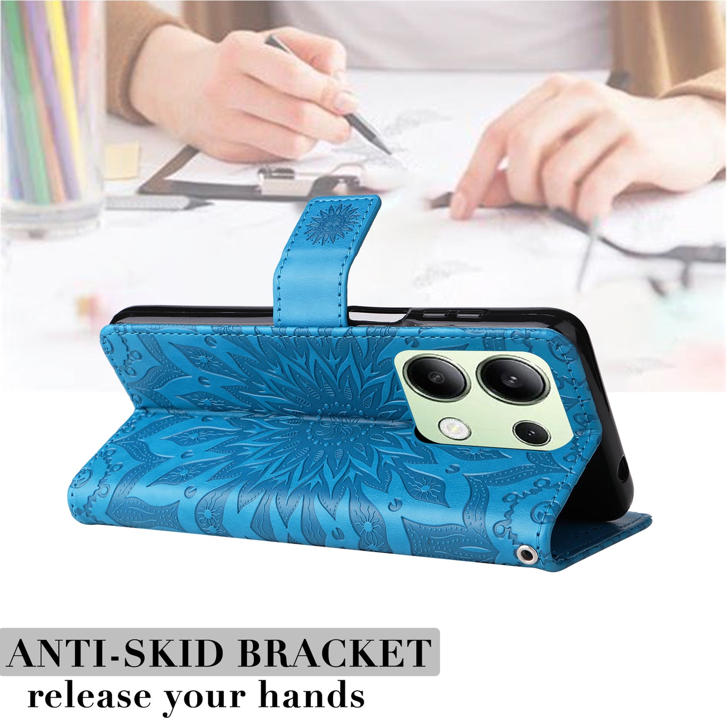 KT Imprinting Flower Series-1 For Xiaomi Redmi Note 13 4G Leather Case Wallet Cover Sunflower - Blue