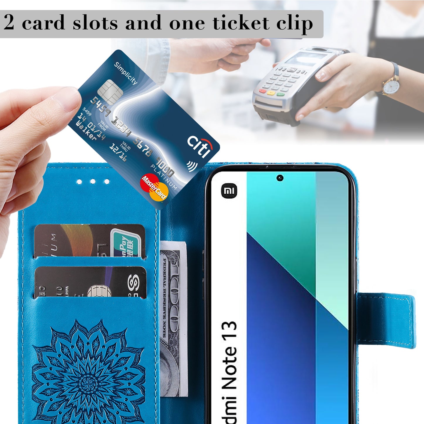 KT Imprinting Flower Series-1 For Xiaomi Redmi Note 13 4G Leather Case Wallet Cover Sunflower - Blue