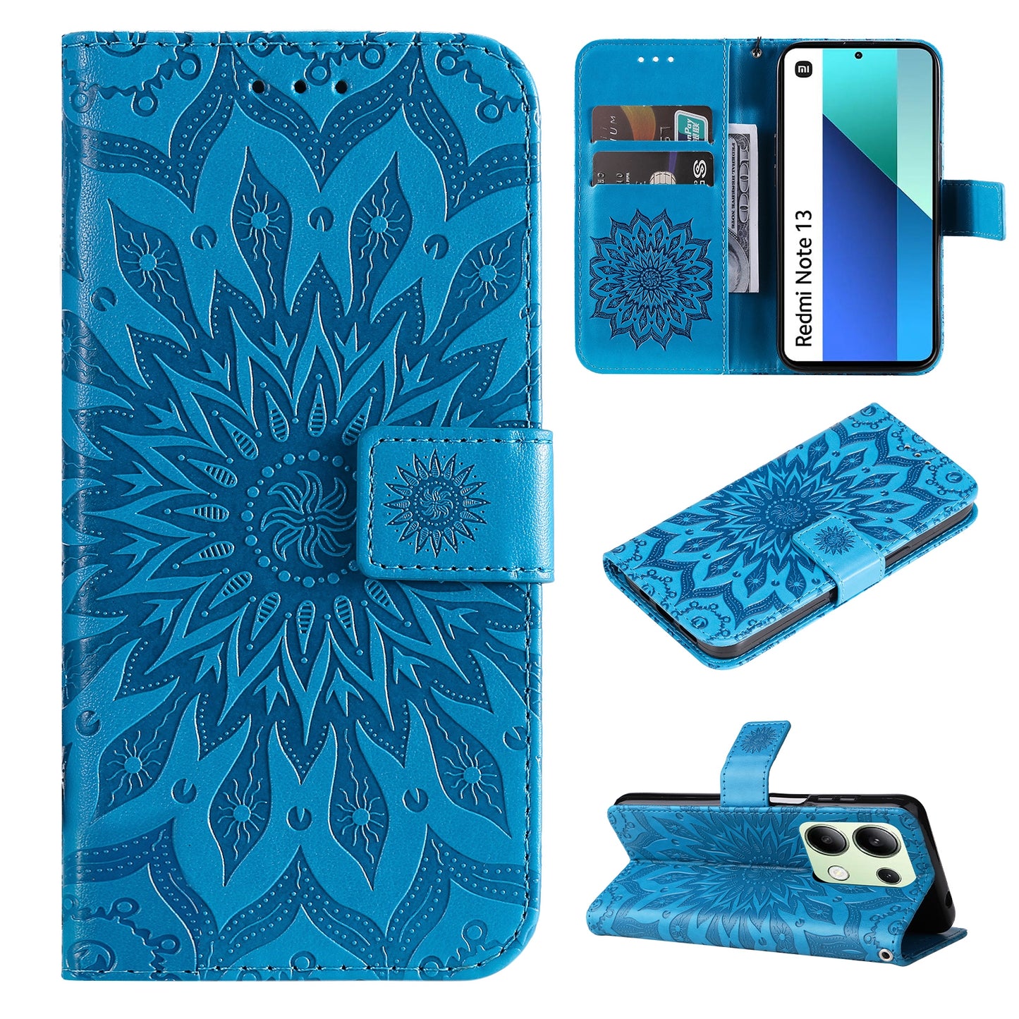 KT Imprinting Flower Series-1 For Xiaomi Redmi Note 13 4G Leather Case Wallet Cover Sunflower - Blue