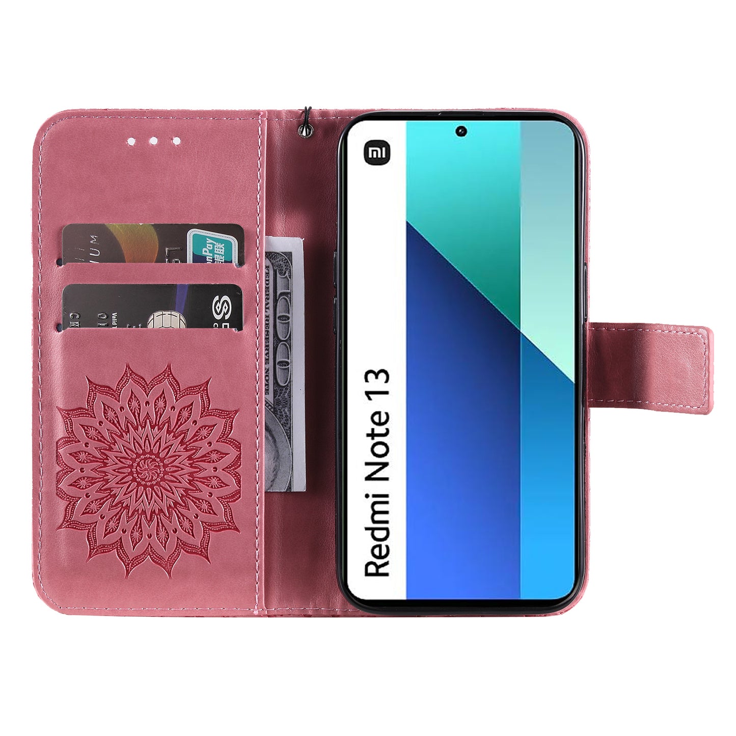 KT Imprinting Flower Series-1 For Xiaomi Redmi Note 13 4G Leather Case Wallet Cover Sunflower - Pink