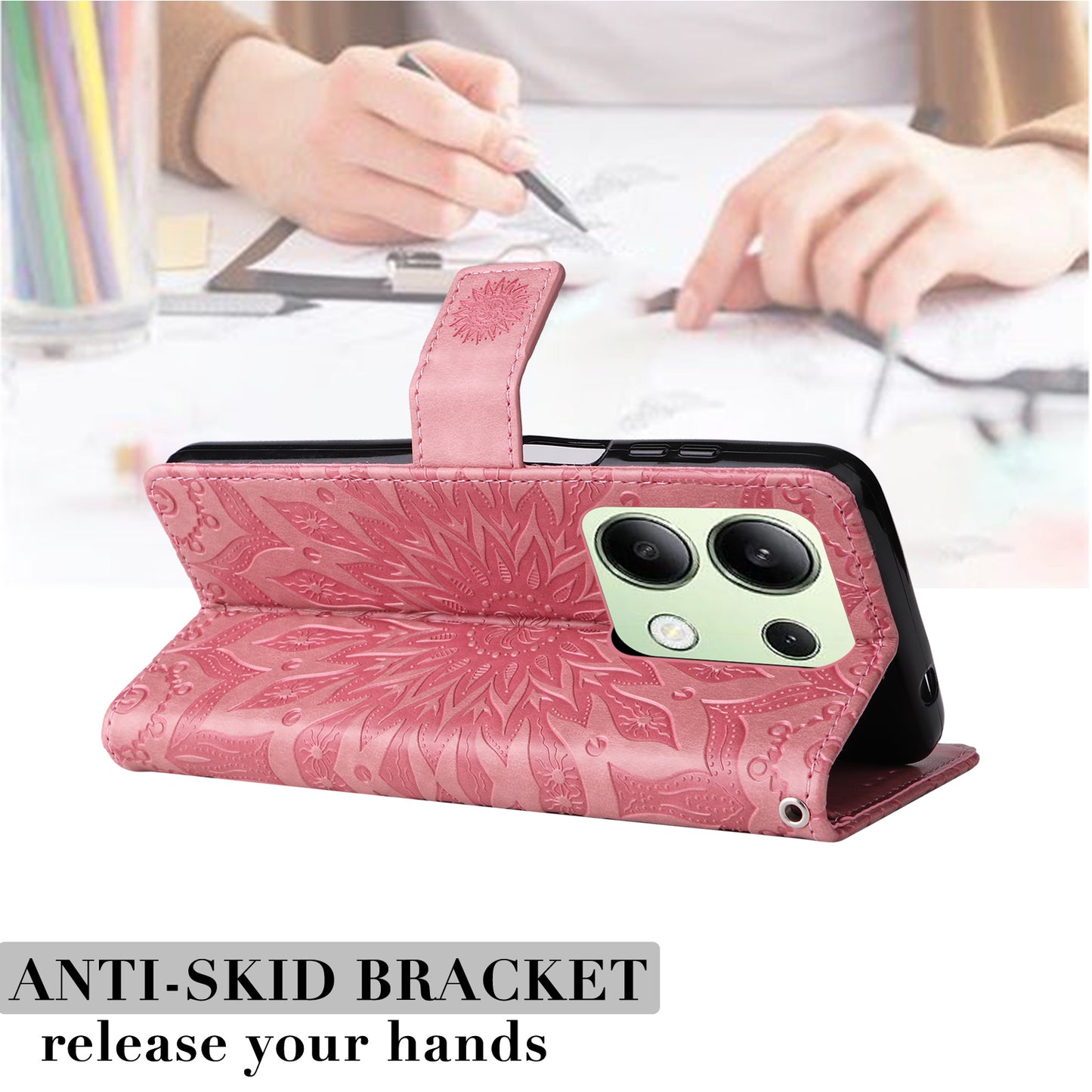 KT Imprinting Flower Series-1 For Xiaomi Redmi Note 13 4G Leather Case Wallet Cover Sunflower - Pink