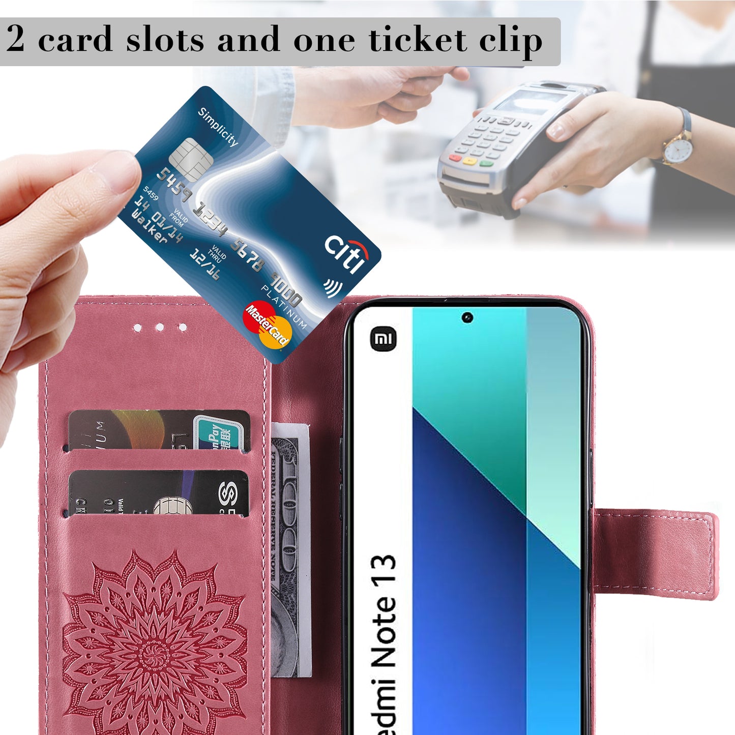 KT Imprinting Flower Series-1 For Xiaomi Redmi Note 13 4G Leather Case Wallet Cover Sunflower - Pink