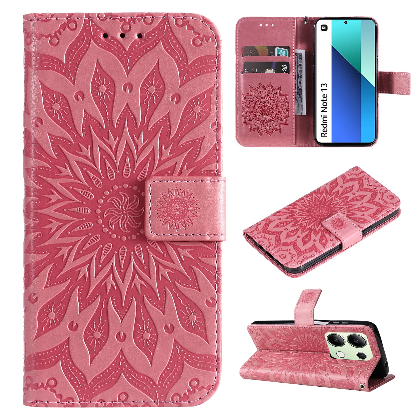 KT Imprinting Flower Series-1 For Xiaomi Redmi Note 13 4G Leather Case Wallet Cover Sunflower - Pink