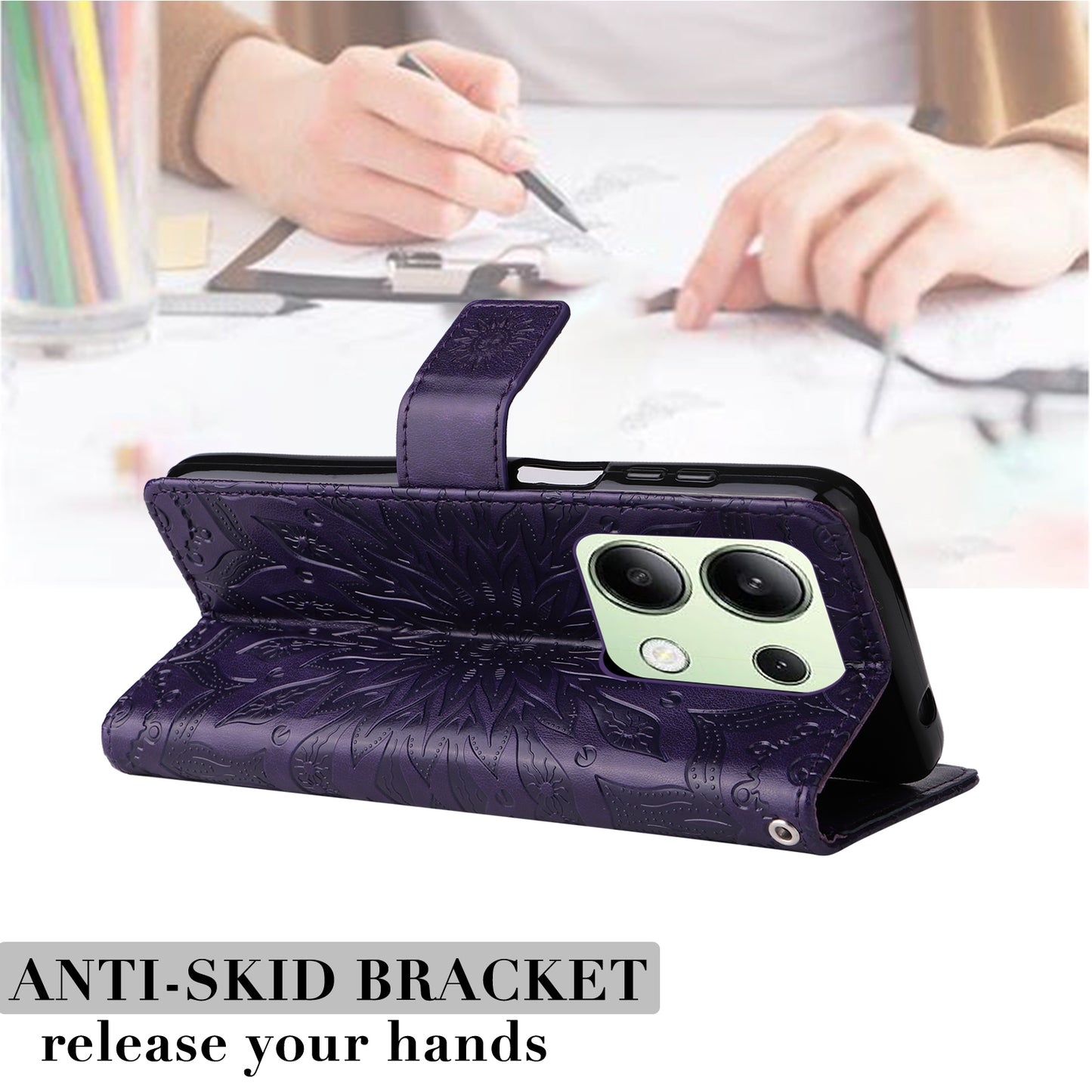 KT Imprinting Flower Series-1 For Xiaomi Redmi Note 13 4G Leather Case Wallet Cover Sunflower - Purple