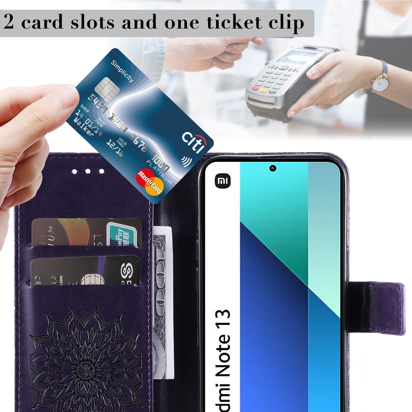 KT Imprinting Flower Series-1 For Xiaomi Redmi Note 13 4G Leather Case Wallet Cover Sunflower - Purple
