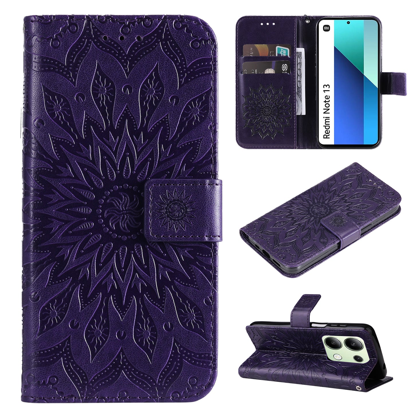 KT Imprinting Flower Series-1 For Xiaomi Redmi Note 13 4G Leather Case Wallet Cover Sunflower - Purple