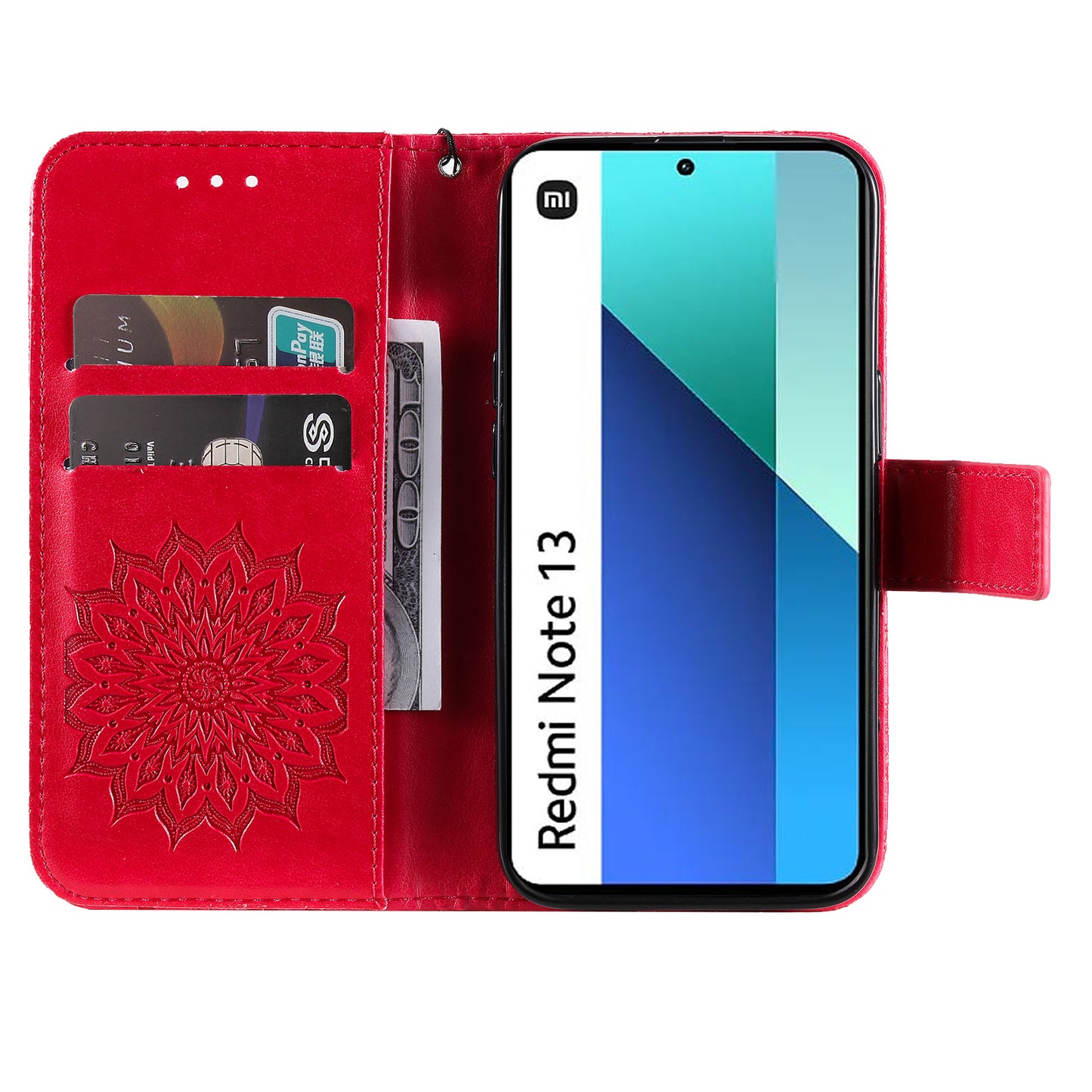 KT Imprinting Flower Series-1 For Xiaomi Redmi Note 13 4G Leather Case Wallet Cover Sunflower - Red