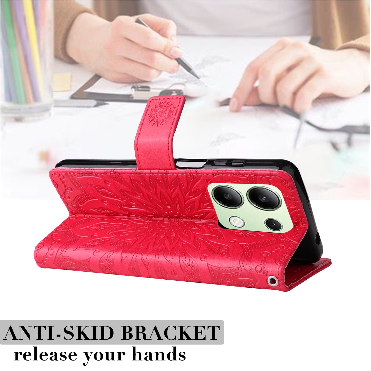 KT Imprinting Flower Series-1 For Xiaomi Redmi Note 13 4G Leather Case Wallet Cover Sunflower - Red