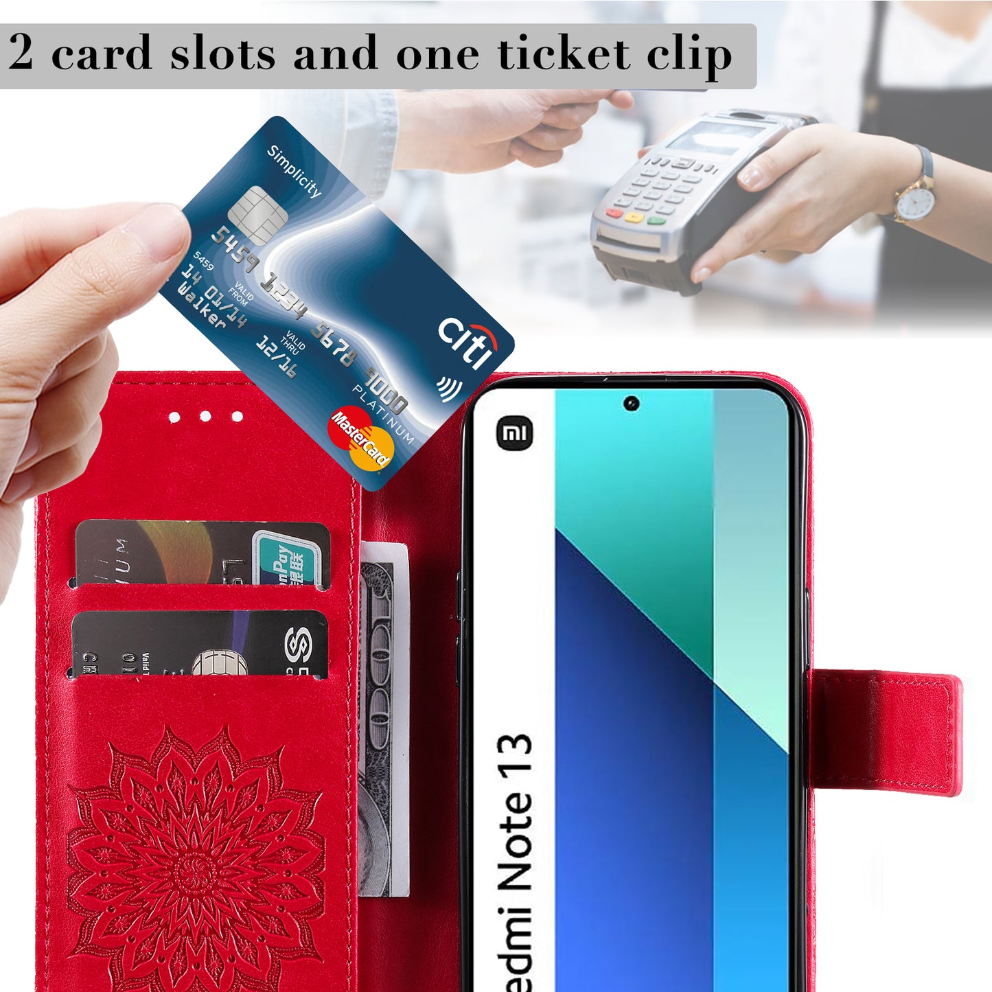 KT Imprinting Flower Series-1 For Xiaomi Redmi Note 13 4G Leather Case Wallet Cover Sunflower - Red