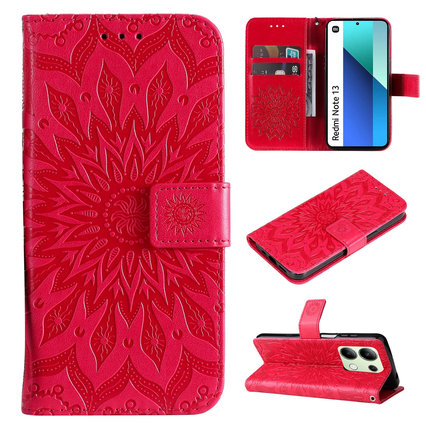 KT Imprinting Flower Series-1 For Xiaomi Redmi Note 13 4G Leather Case Wallet Cover Sunflower - Red