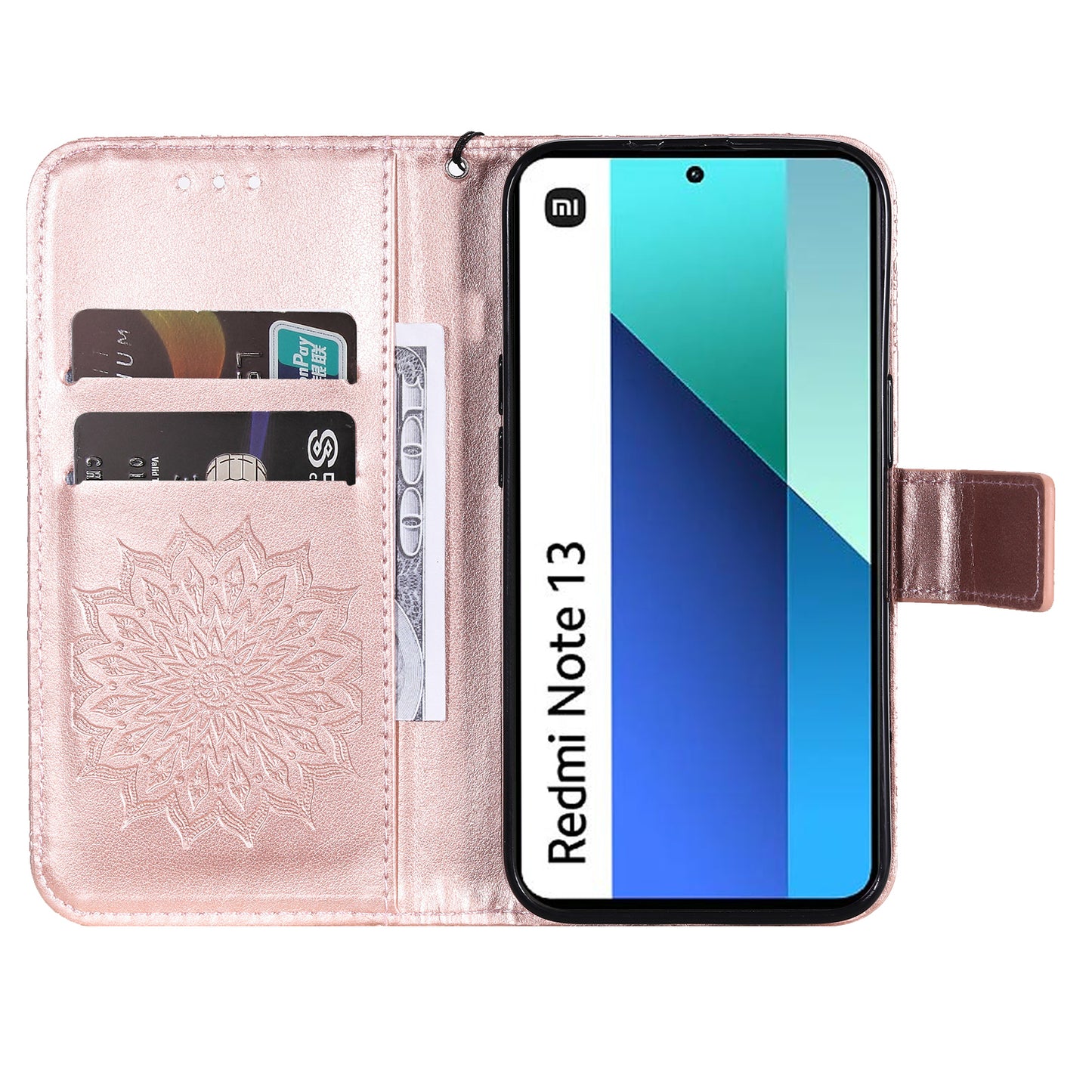 KT Imprinting Flower Series-1 For Xiaomi Redmi Note 13 4G Leather Case Wallet Cover Sunflower - Rose Gold