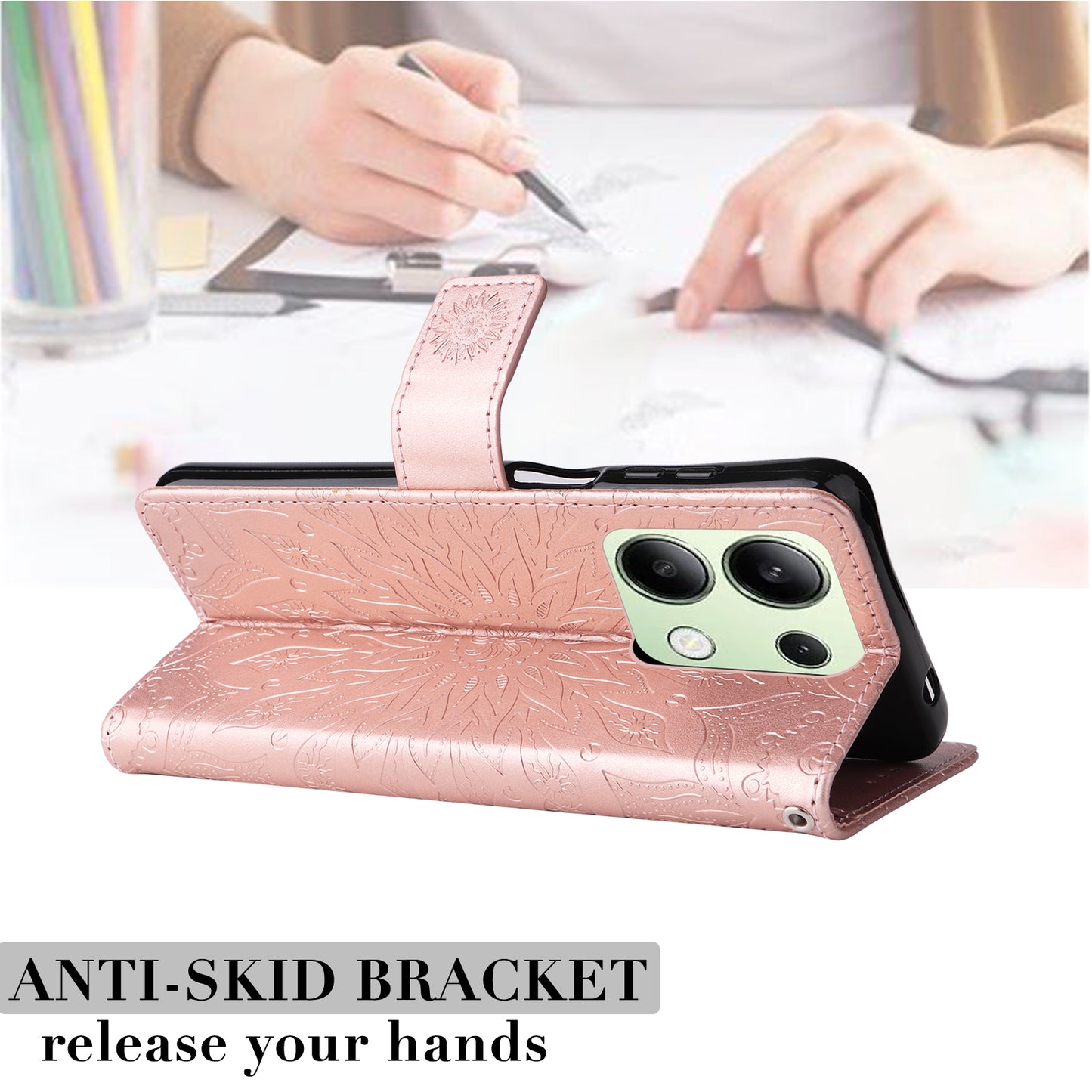 KT Imprinting Flower Series-1 For Xiaomi Redmi Note 13 4G Leather Case Wallet Cover Sunflower - Rose Gold