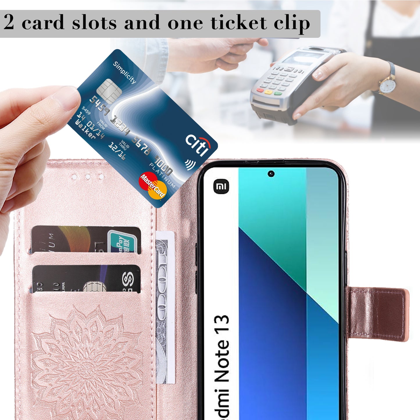 KT Imprinting Flower Series-1 For Xiaomi Redmi Note 13 4G Leather Case Wallet Cover Sunflower - Rose Gold