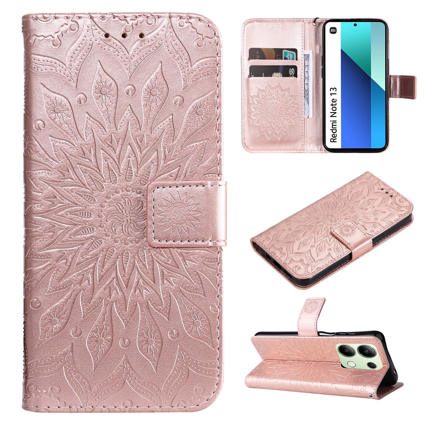 KT Imprinting Flower Series-1 For Xiaomi Redmi Note 13 4G Leather Case Wallet Cover Sunflower - Rose Gold