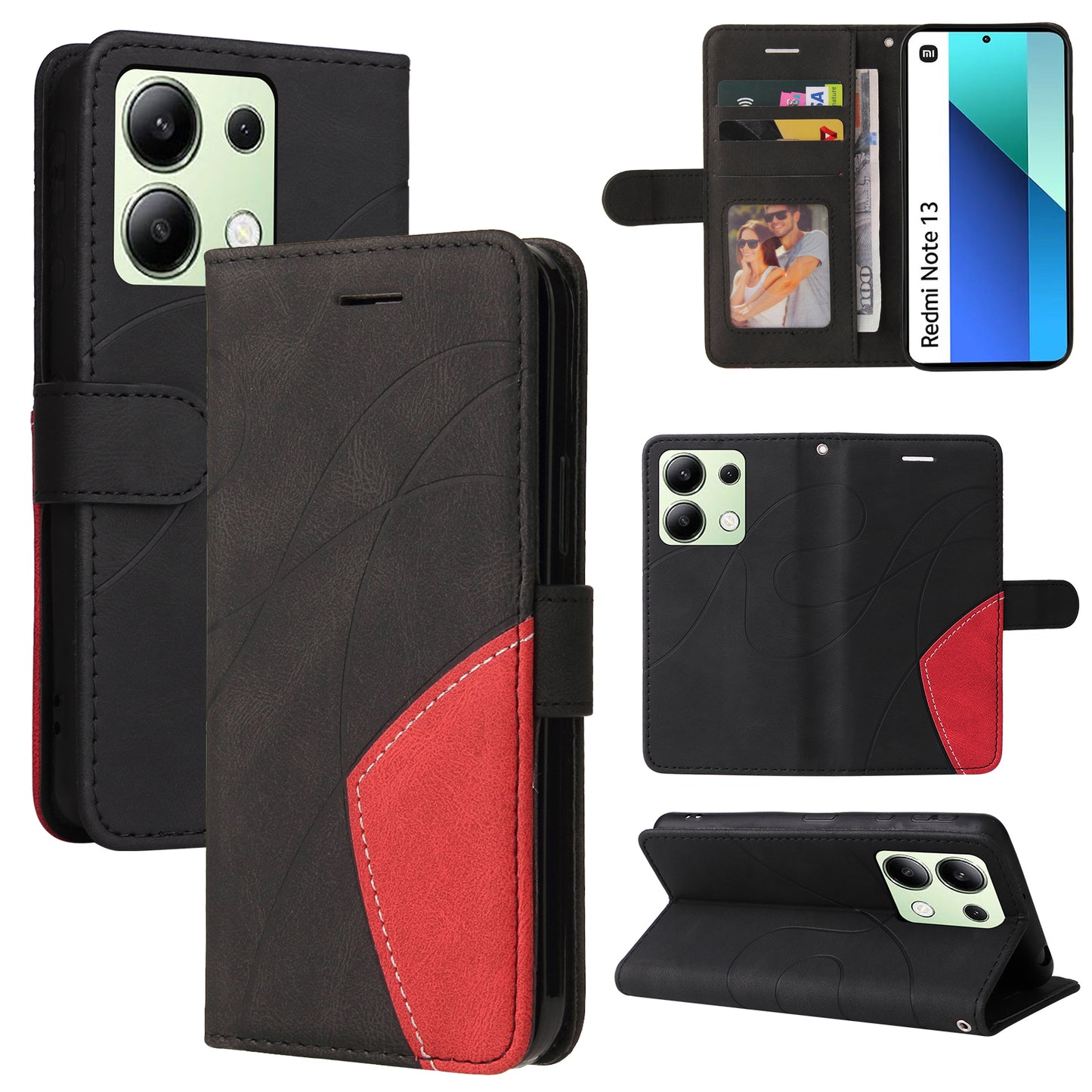 KT Leather Series-1 For Xiaomi Redmi Note 13 4G Case Dual Color Splicing Leather Cover - Black