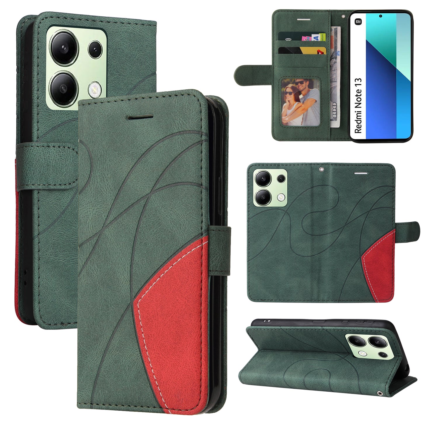 KT Leather Series-1 For Xiaomi Redmi Note 13 4G Case Dual Color Splicing Leather Cover - Green