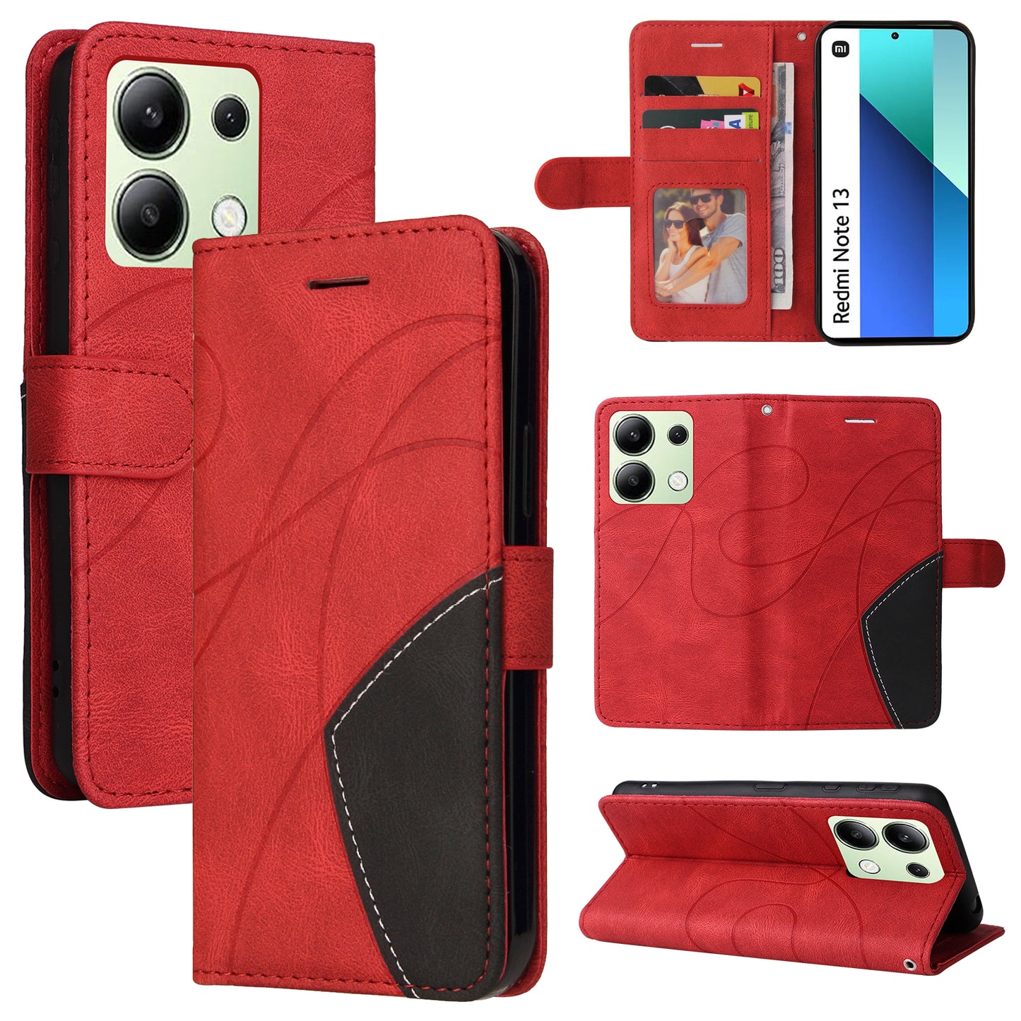 KT Leather Series-1 For Xiaomi Redmi Note 13 4G Case Dual Color Splicing Leather Cover - Red