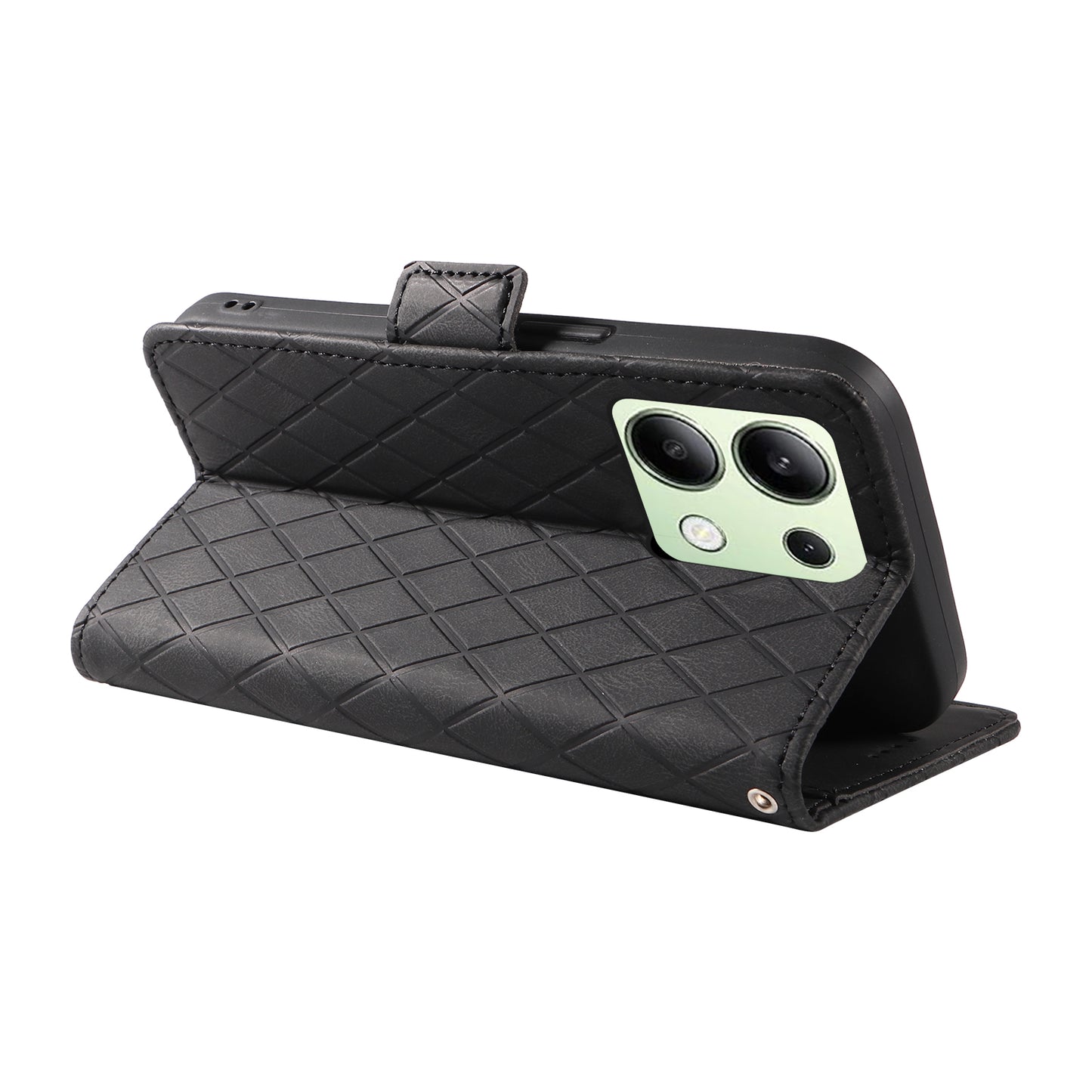 For Xiaomi Redmi Note 13 4G Leather Case Wallet Phone Cover Rhombus Pattern - Black